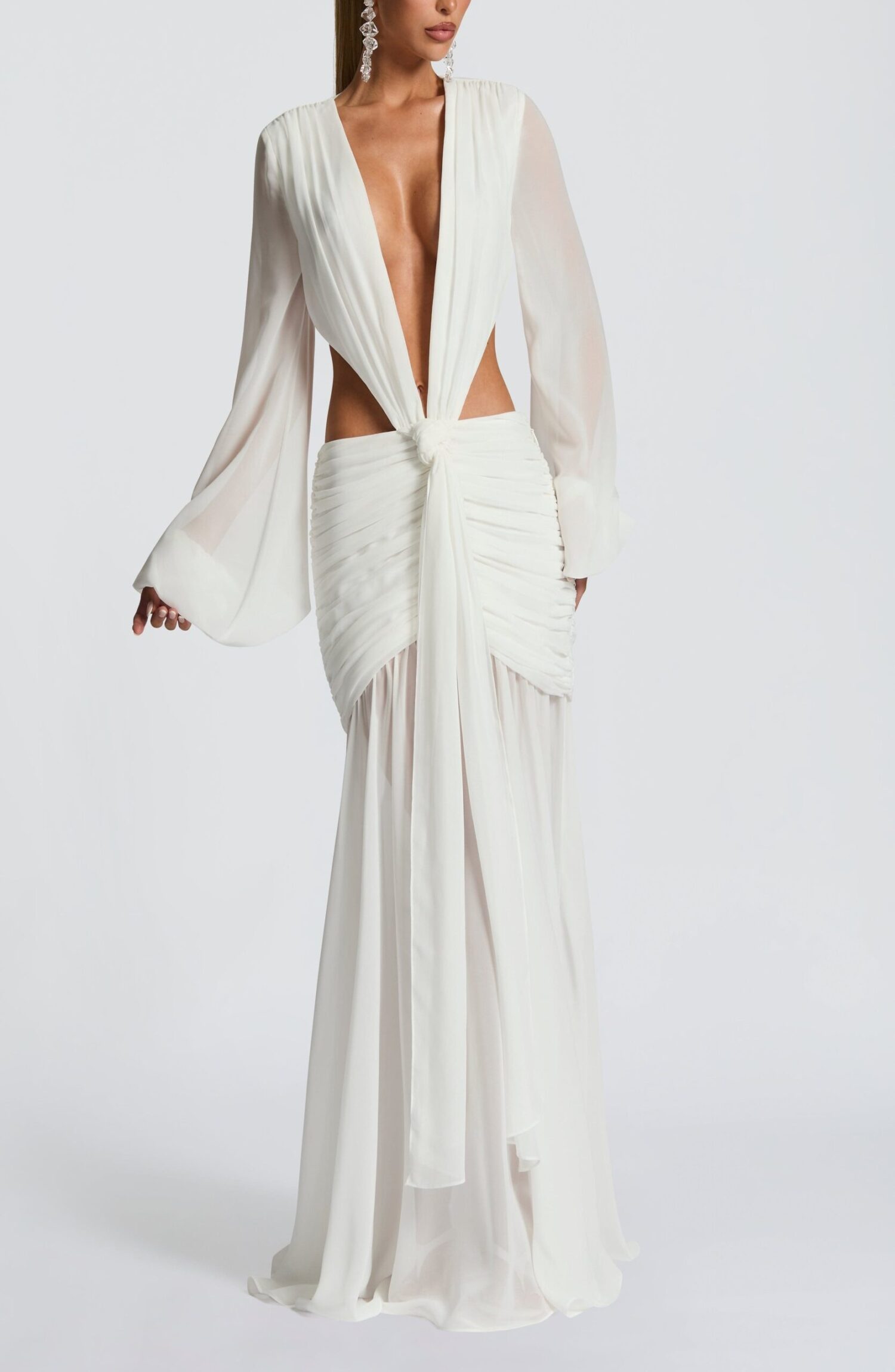 Andrina Ivory Chiffon Maxi Dress - Plunge Neck, Lace-Up Back - Image 7