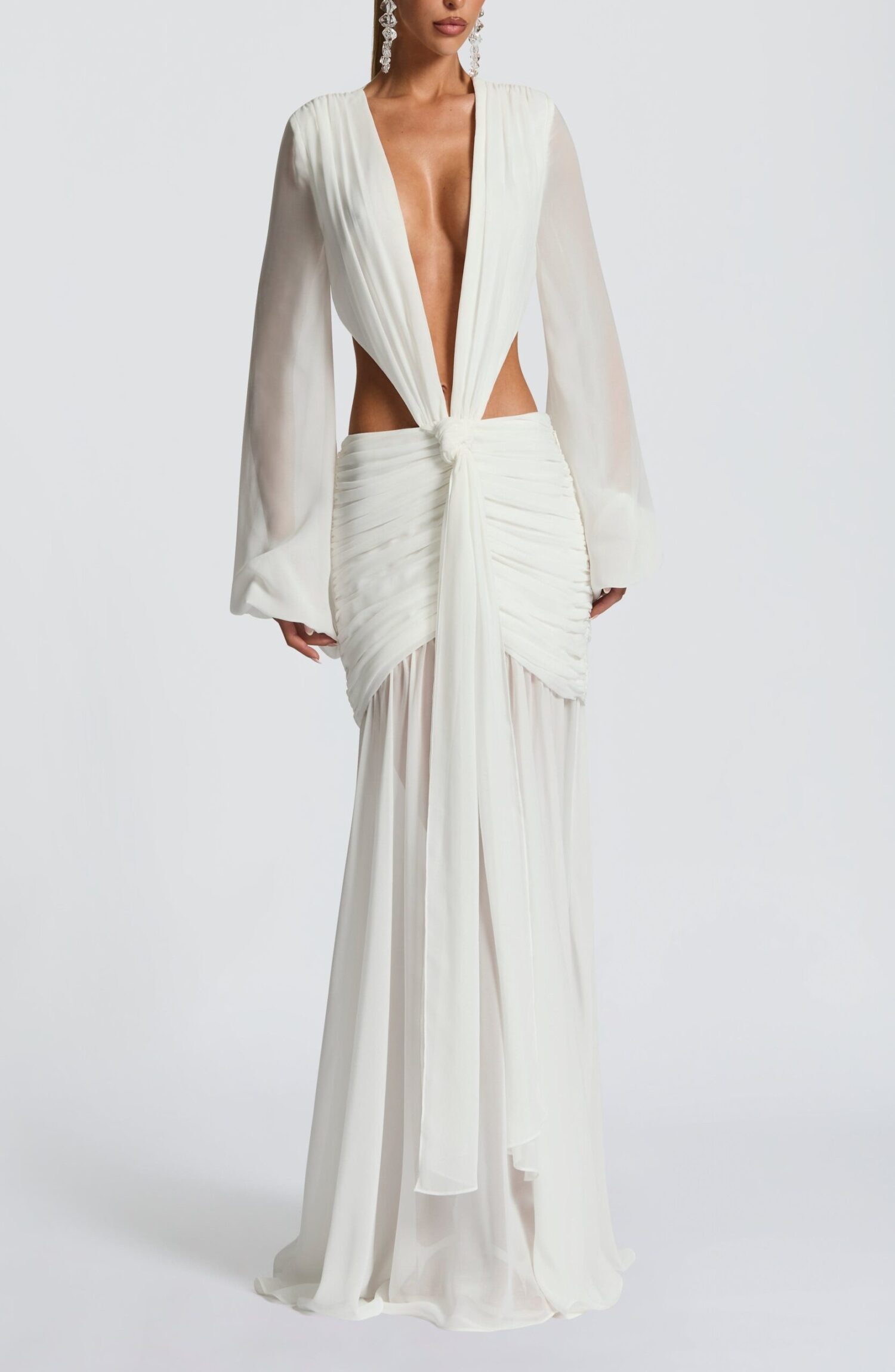Andrina Ivory Chiffon Maxi Dress - Plunge Neck, Lace-Up Back - Image 8