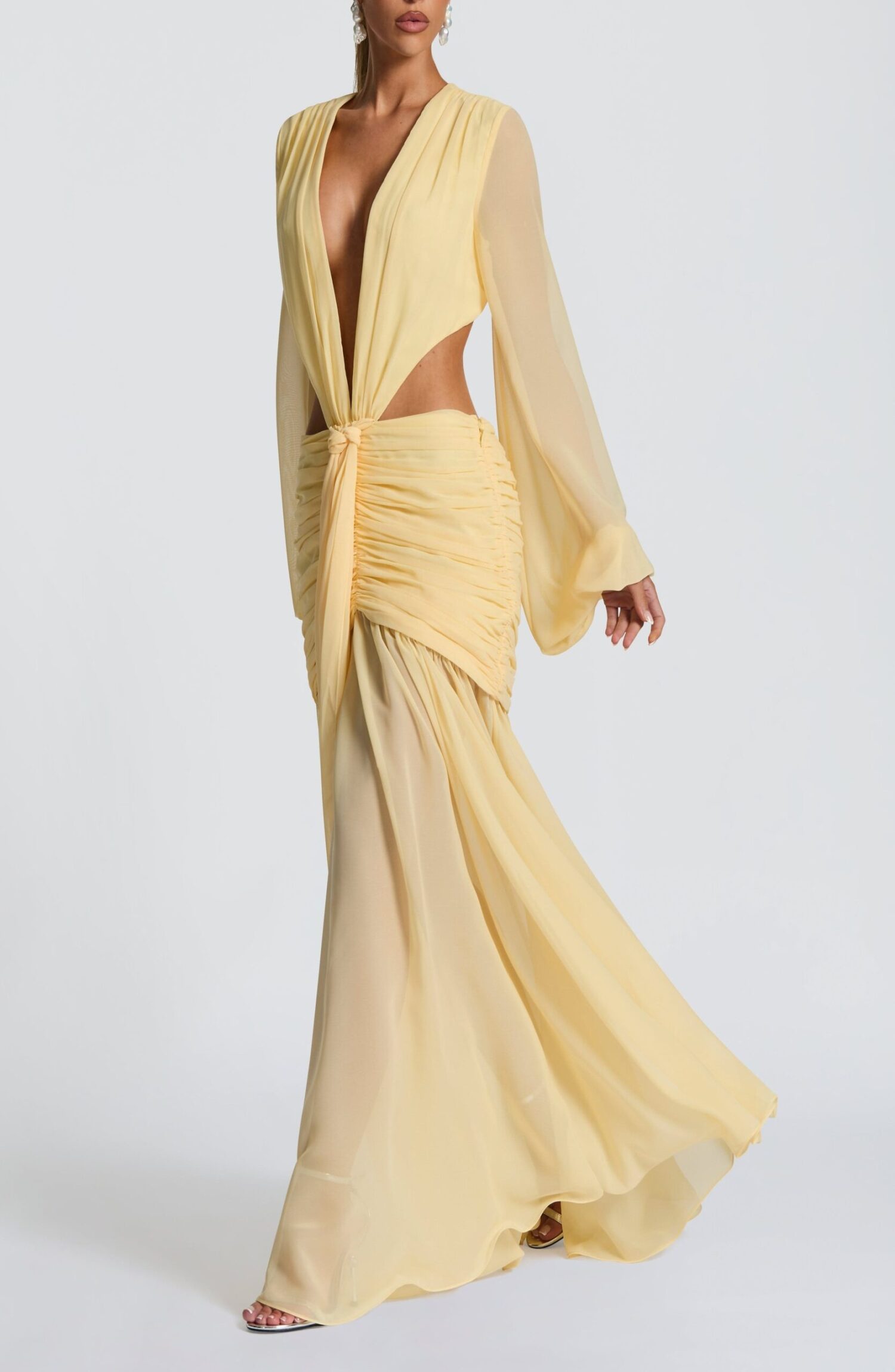 Andrina Lemon Maxi Dress - Chiffon Plunge Neck Blouson Sleeve Lace-Up Back - Image 4