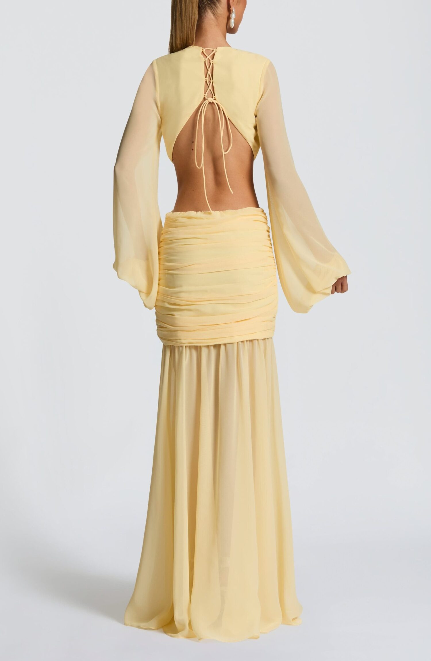 Andrina Lemon Maxi Dress - Chiffon Plunge Neck Blouson Sleeve Lace-Up Back - Image 3