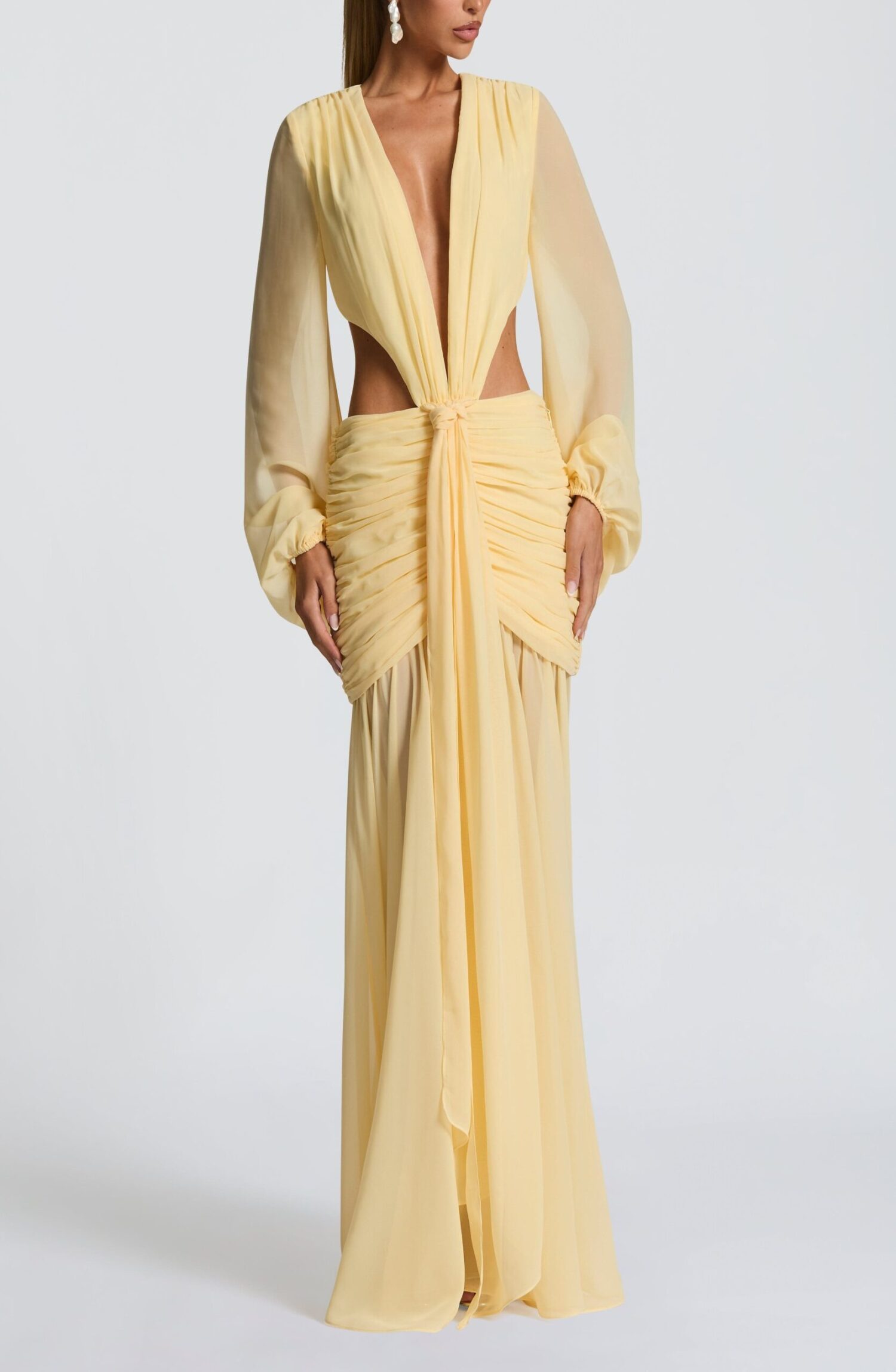 Andrina Lemon Maxi Dress - Chiffon Plunge Neck Blouson Sleeve Lace-Up Back - Image 6