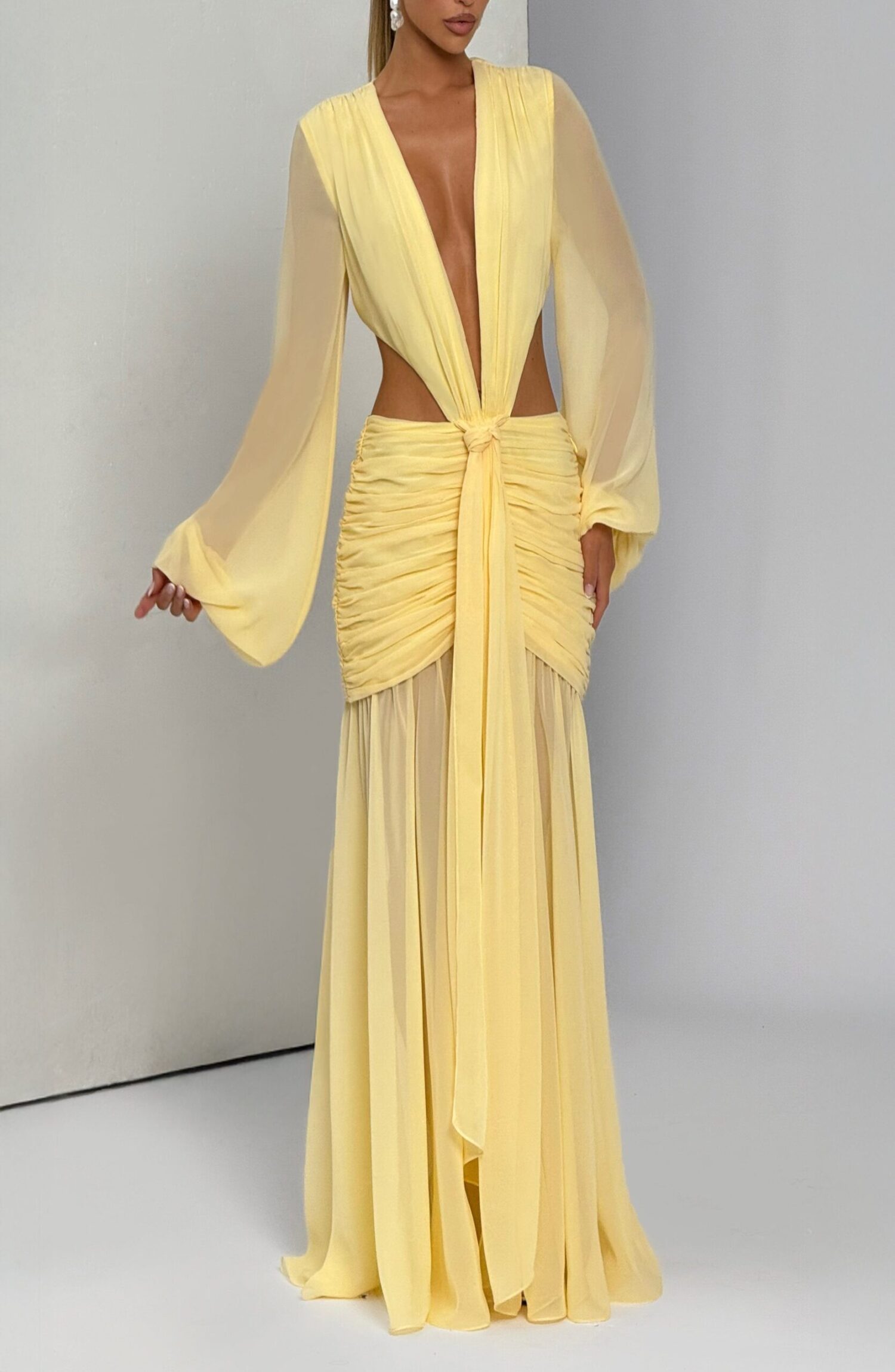 Andrina Lemon Maxi Dress - Chiffon Plunge Neck Blouson Sleeve Lace-Up Back - Image 2