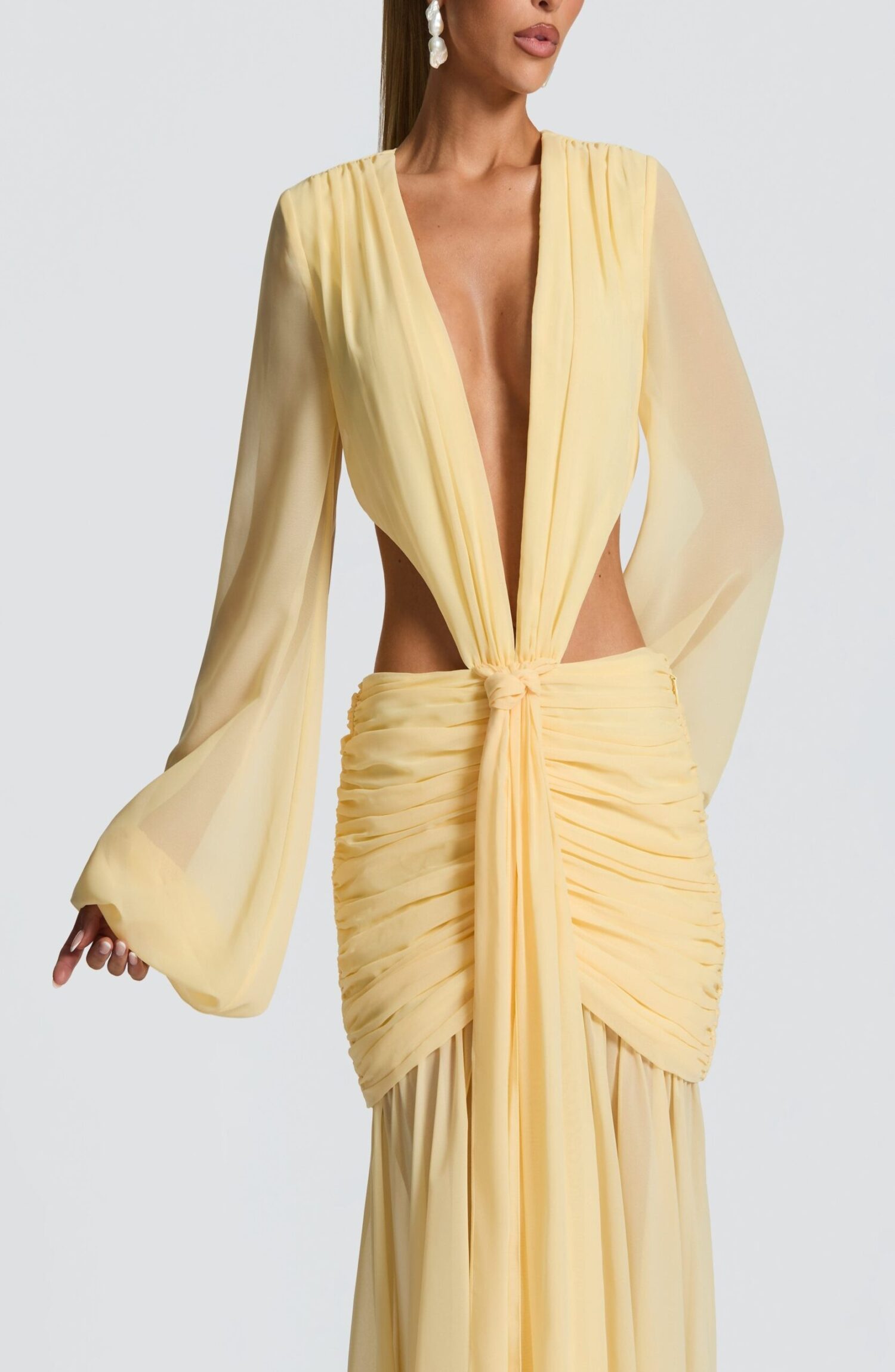 Andrina Lemon Maxi Dress - Chiffon Plunge Neck Blouson Sleeve Lace-Up Back - Image 5
