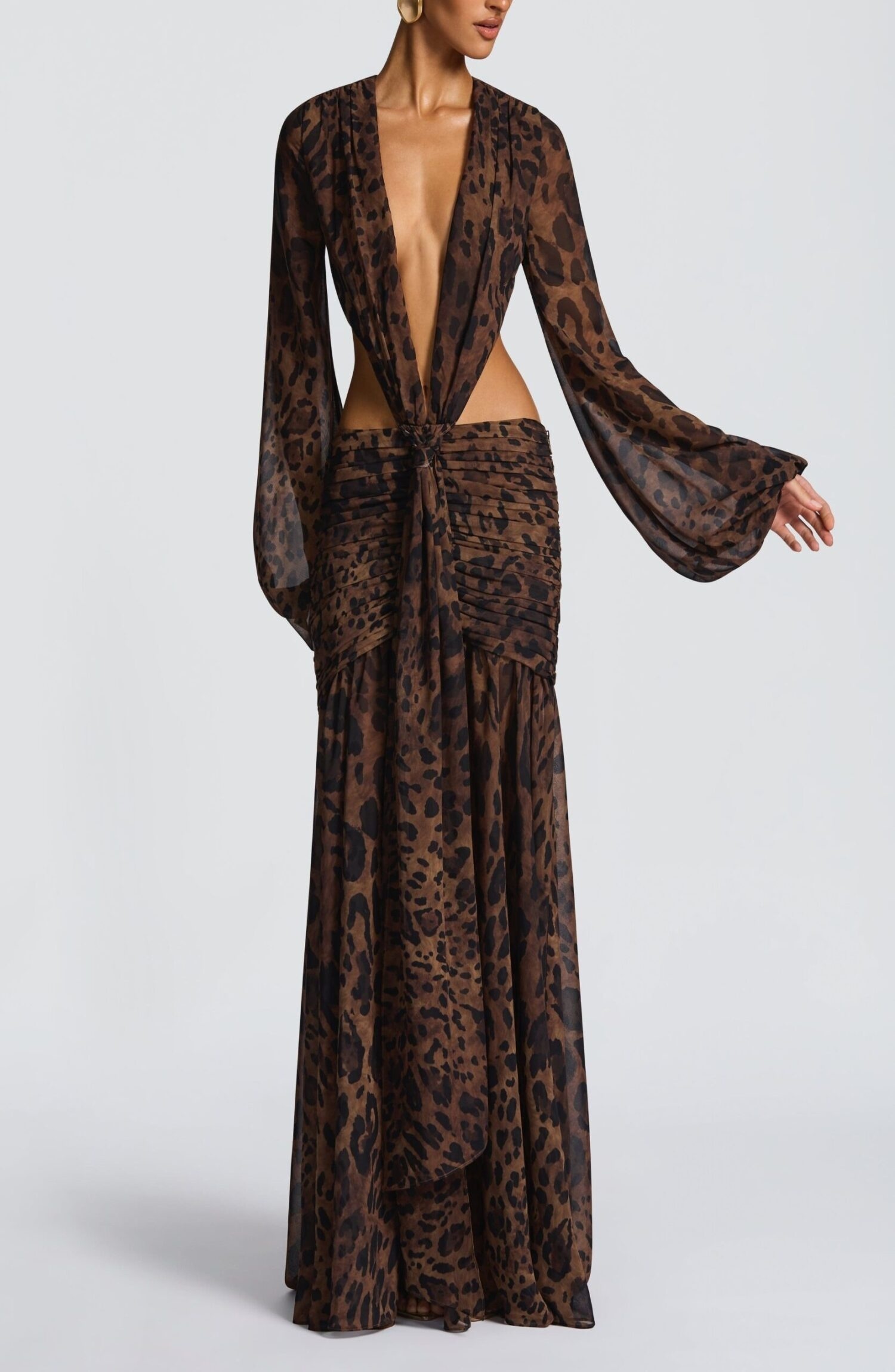 Andrina Leopard Print Maxi Dress - Flowy Chiffon, Plunge Neck, Blouson Sleeves - Image 9