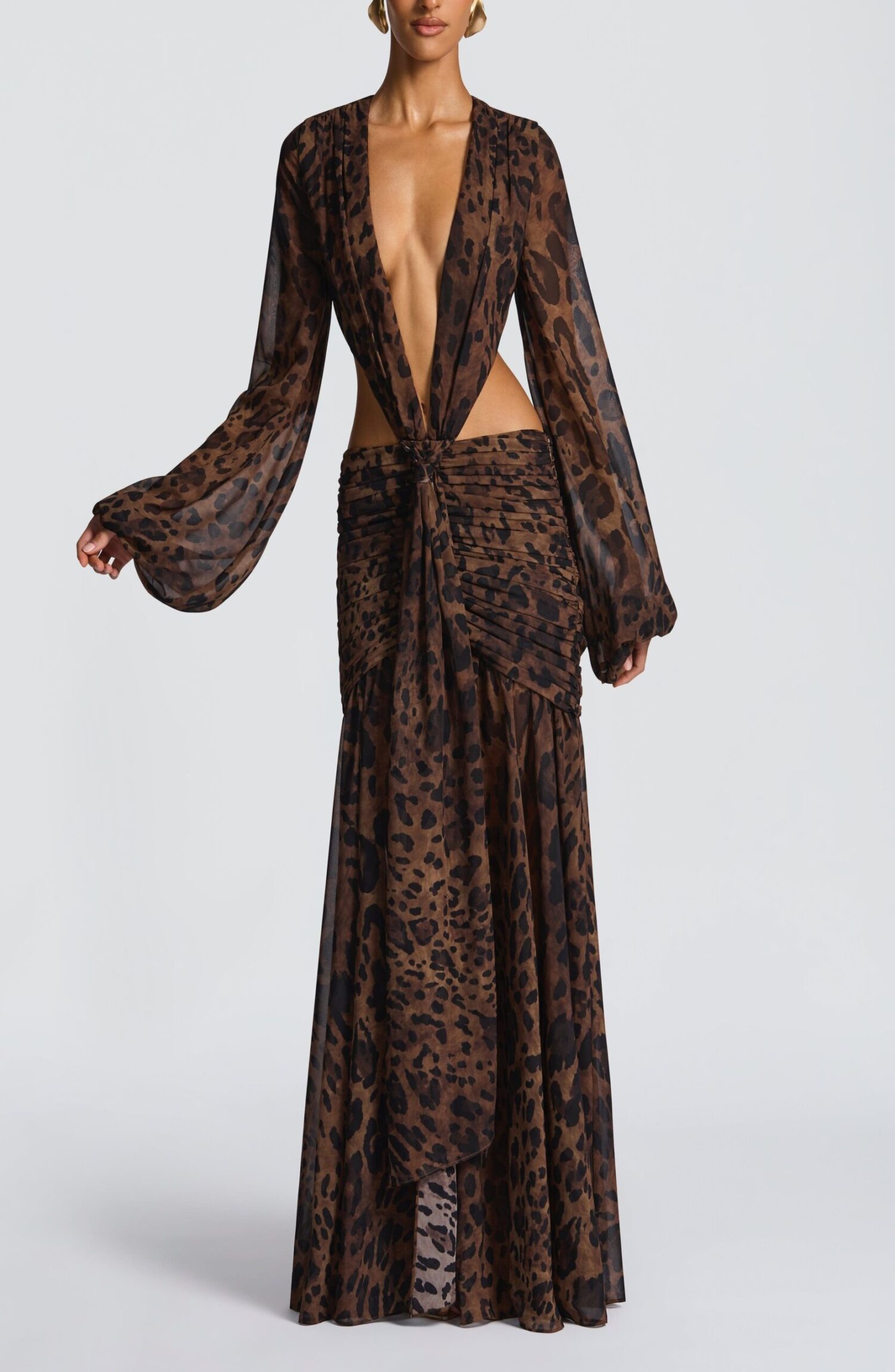 Andrina Leopard Print Maxi Dress - Flowy Chiffon, Plunge Neck, Blouson Sleeves - Image 13