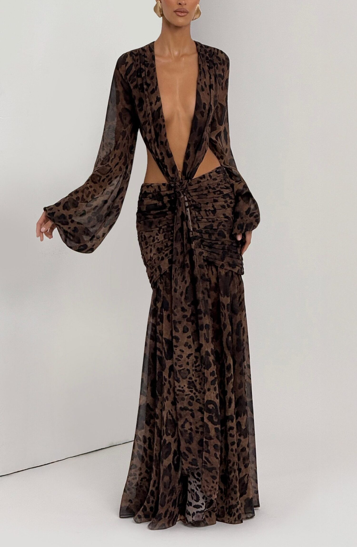 Andrina Leopard Print Maxi Dress - Flowy Chiffon, Plunge Neck, Blouson Sleeves - Image 11