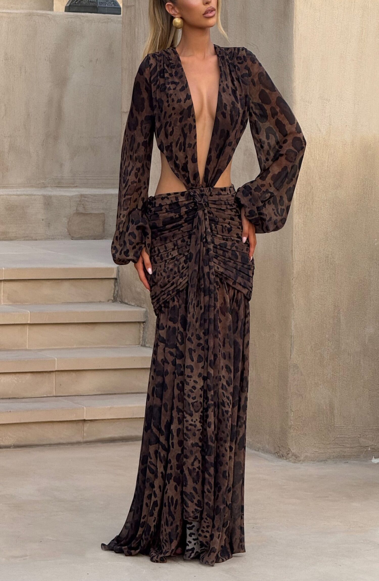 Andrina Leopard Print Maxi Dress - Flowy Chiffon, Plunge Neck, Blouson Sleeves