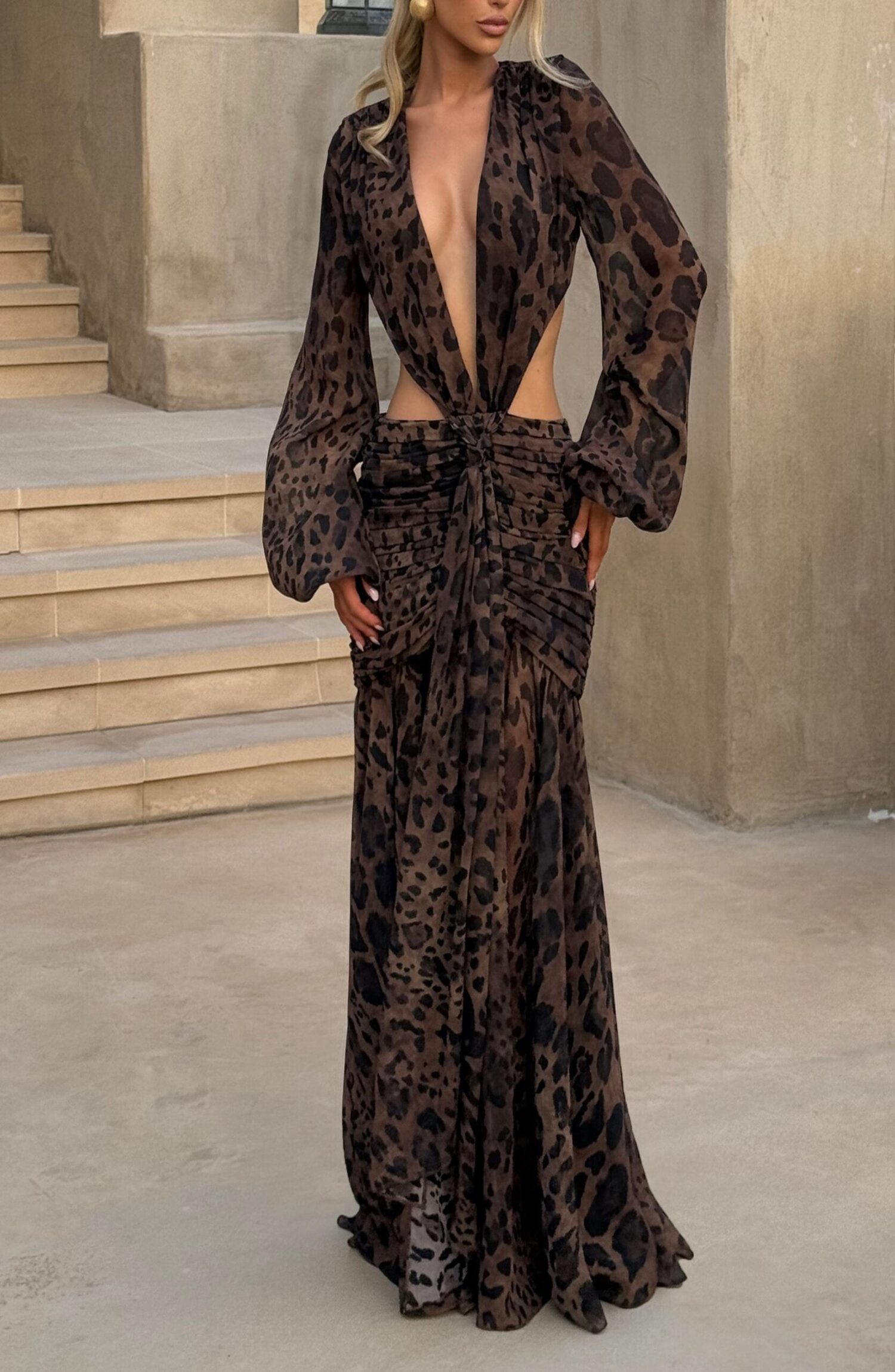 Andrina Leopard Print Maxi Dress - Flowy Chiffon, Plunge Neck, Blouson Sleeves - Image 7