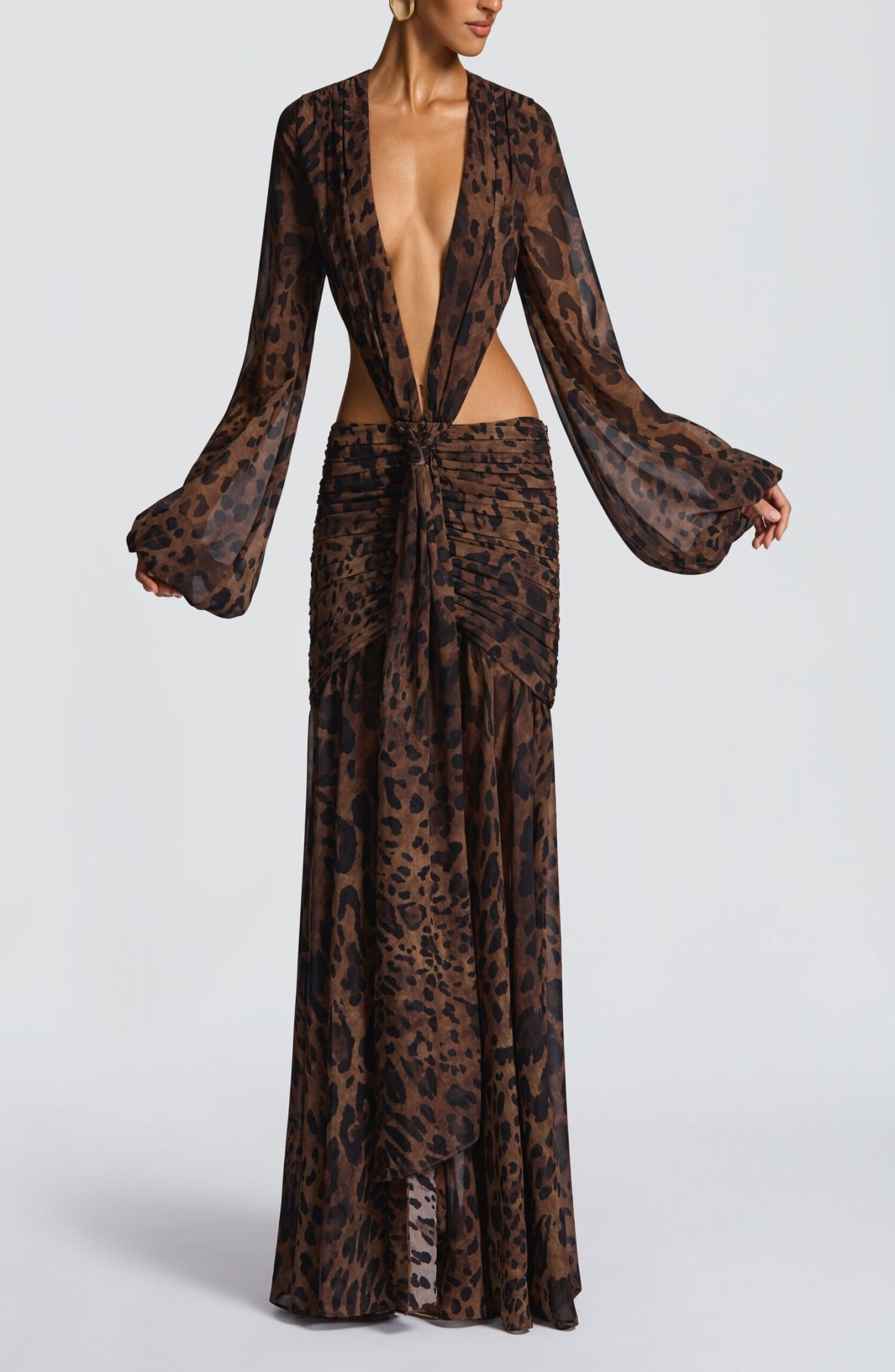 Andrina Leopard Print Maxi Dress - Flowy Chiffon, Plunge Neck, Blouson Sleeves - Image 6