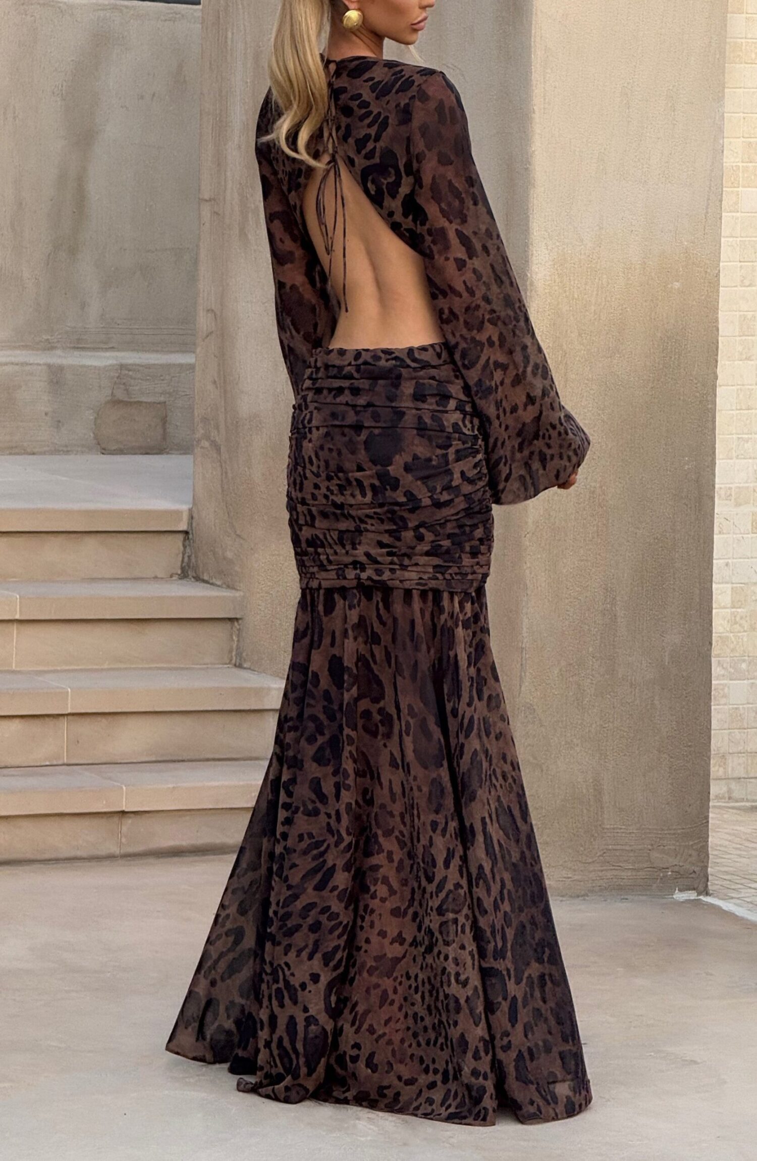 Andrina Leopard Print Maxi Dress - Flowy Chiffon, Plunge Neck, Blouson Sleeves - Image 2