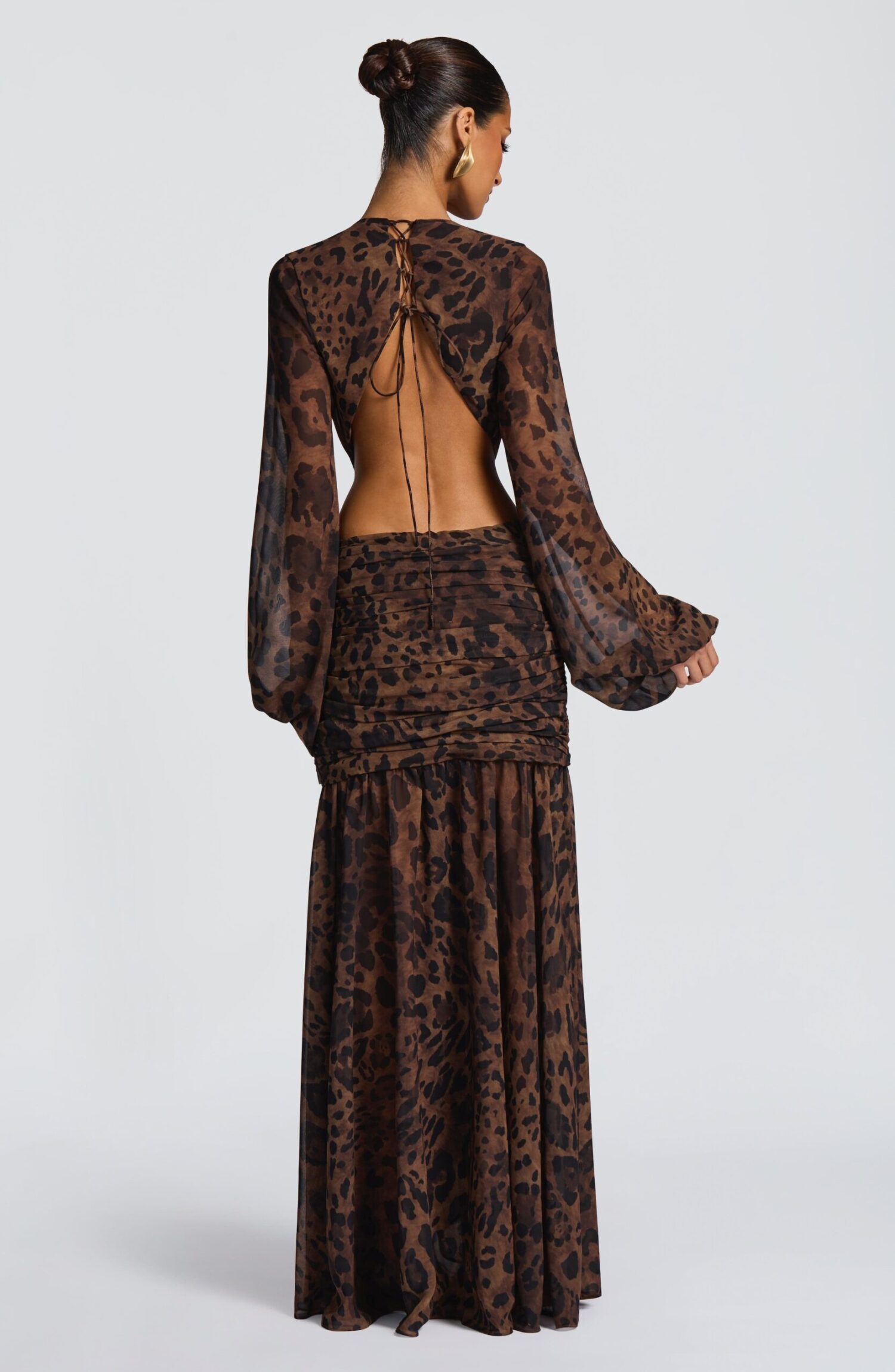 Andrina Leopard Print Maxi Dress - Flowy Chiffon, Plunge Neck, Blouson Sleeves - Image 4