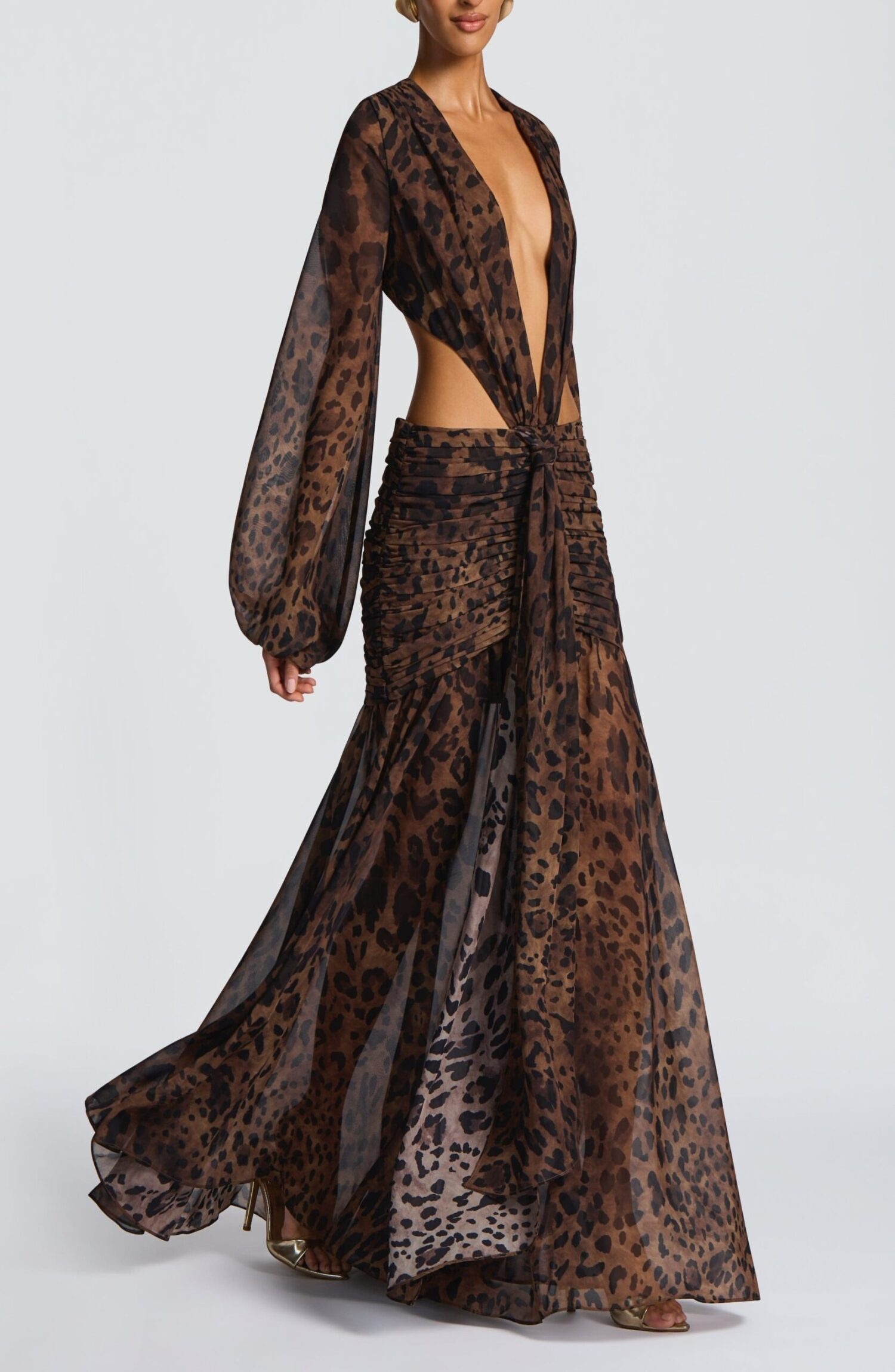Andrina Leopard Print Maxi Dress - Flowy Chiffon, Plunge Neck, Blouson Sleeves - Image 3