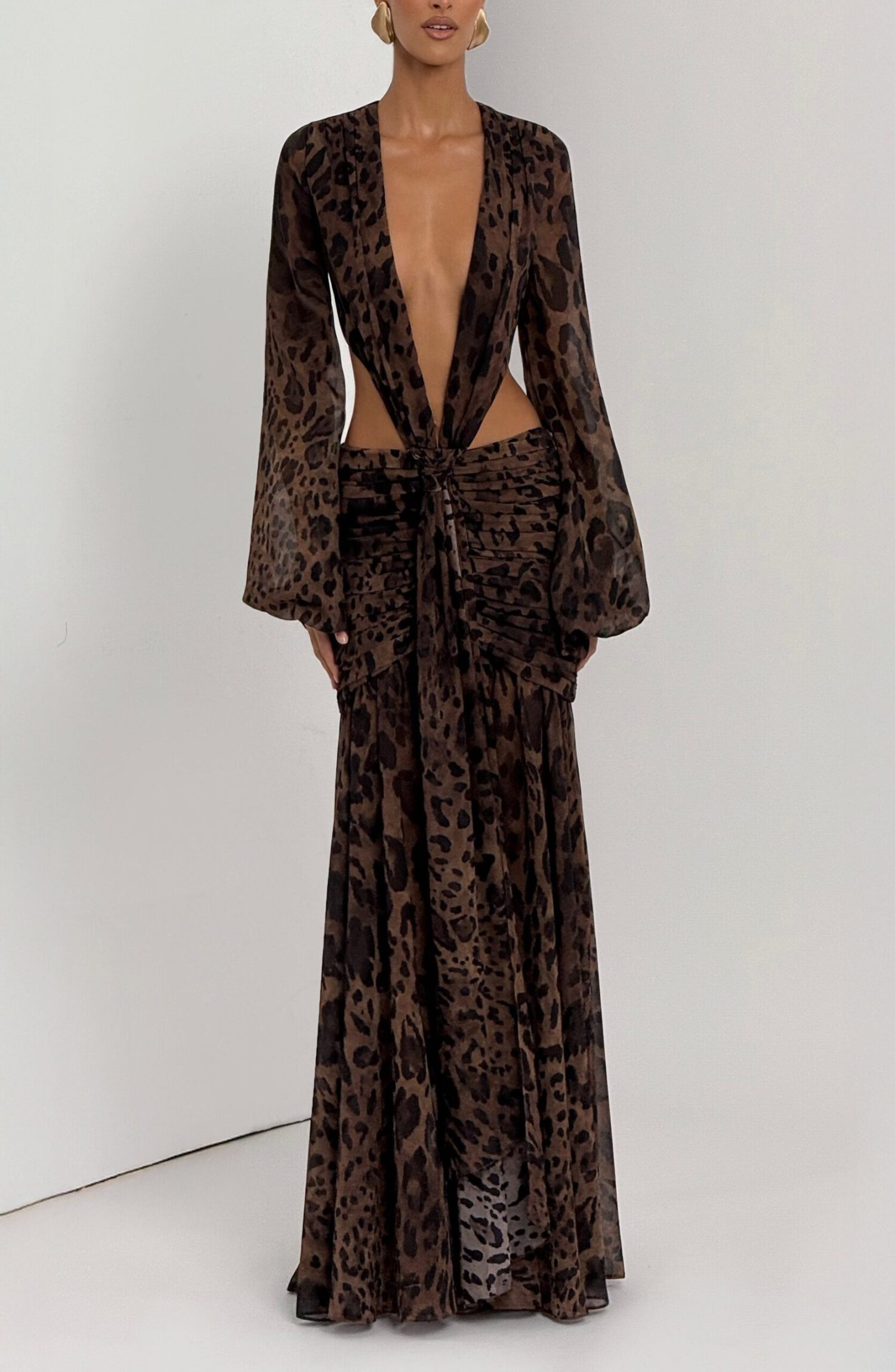 Andrina Leopard Print Maxi Dress - Flowy Chiffon, Plunge Neck, Blouson Sleeves - Image 10