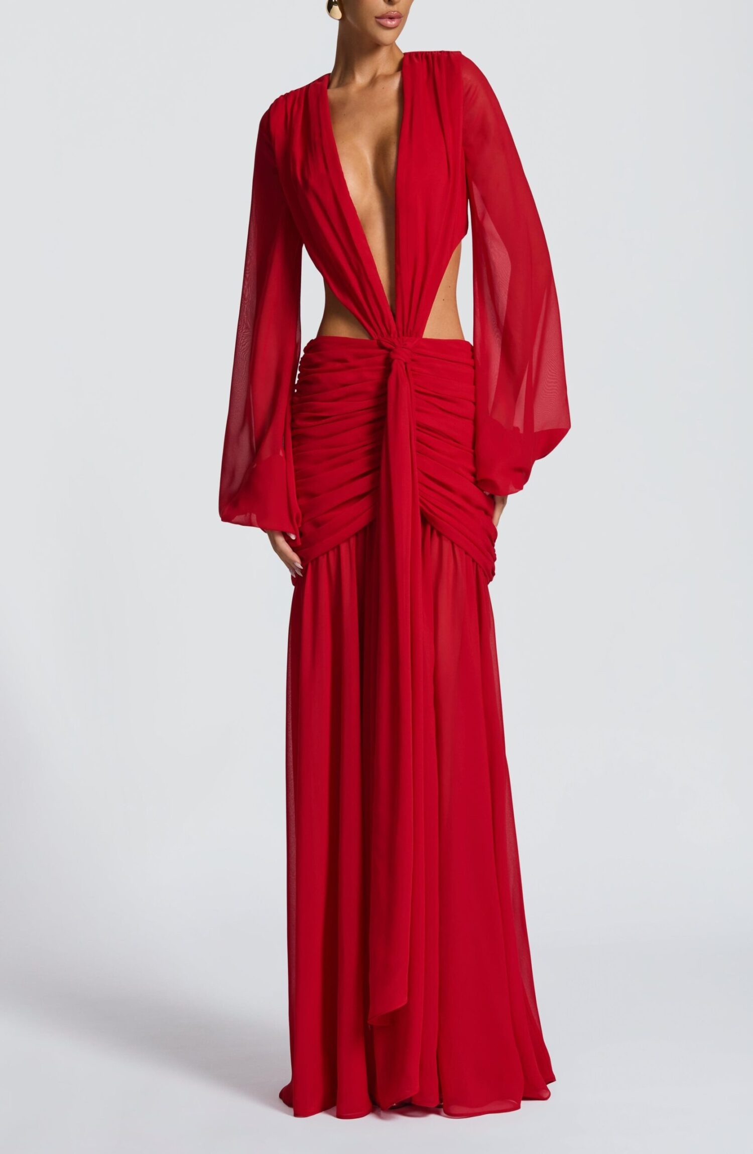 Andrina Red Maxi Dress: Flowing Chiffon, Plunge Neck, Sheer Sleeves - Image 4