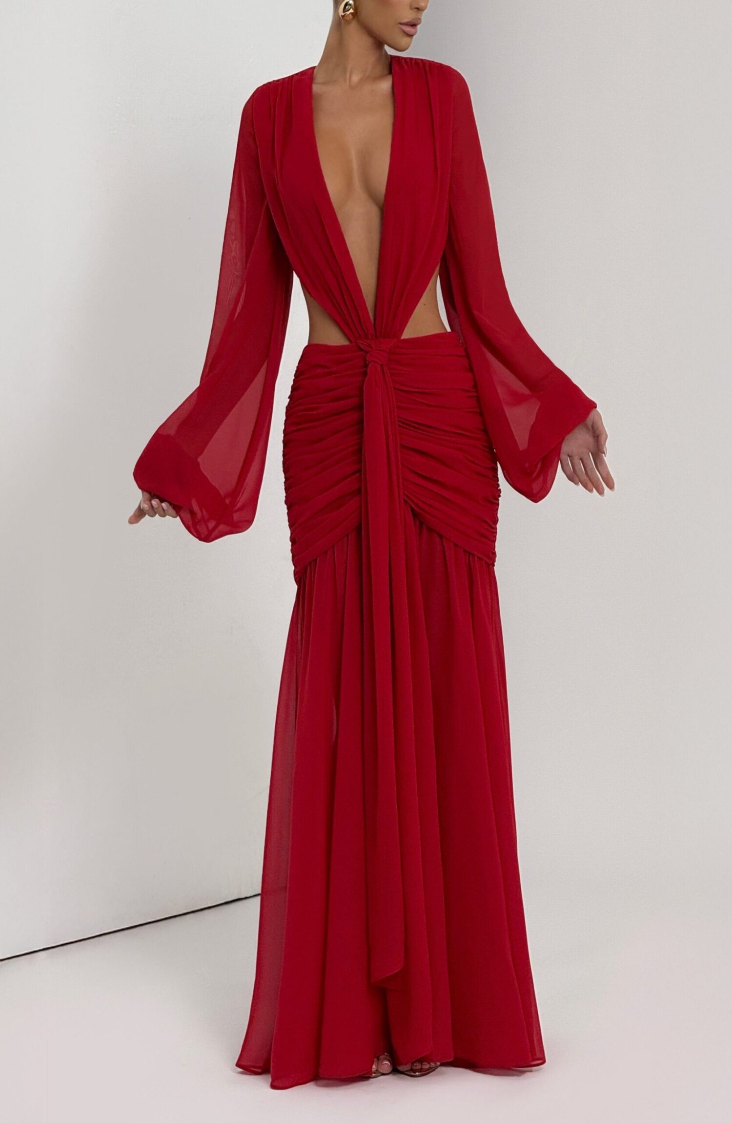 Andrina Red Maxi Dress: Flowing Chiffon, Plunge Neck, Sheer Sleeves - Image 6