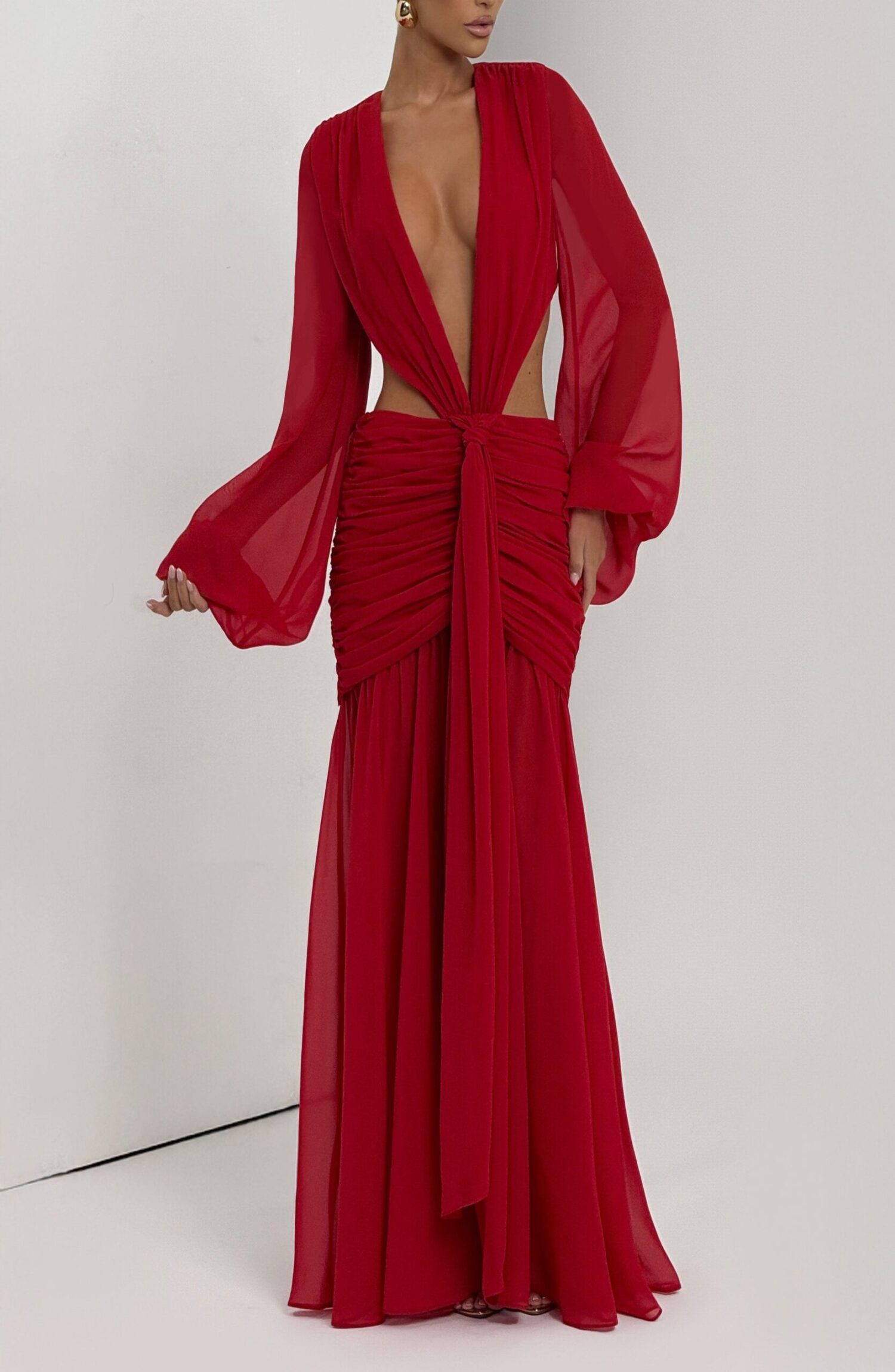 Andrina Red Maxi Dress: Flowing Chiffon, Plunge Neck, Sheer Sleeves - Image 7