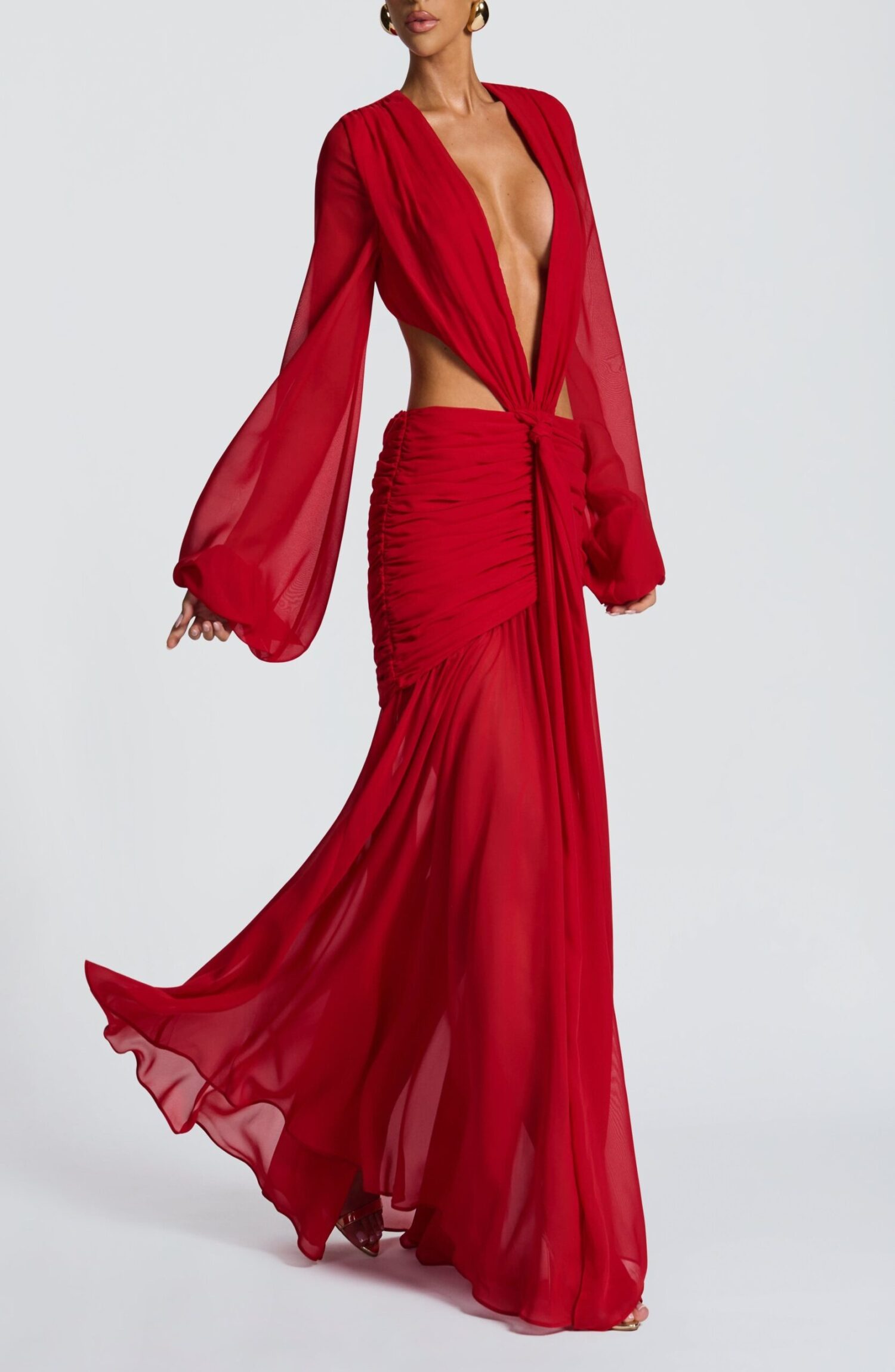 Andrina Red Maxi Dress: Flowing Chiffon, Plunge Neck, Sheer Sleeves