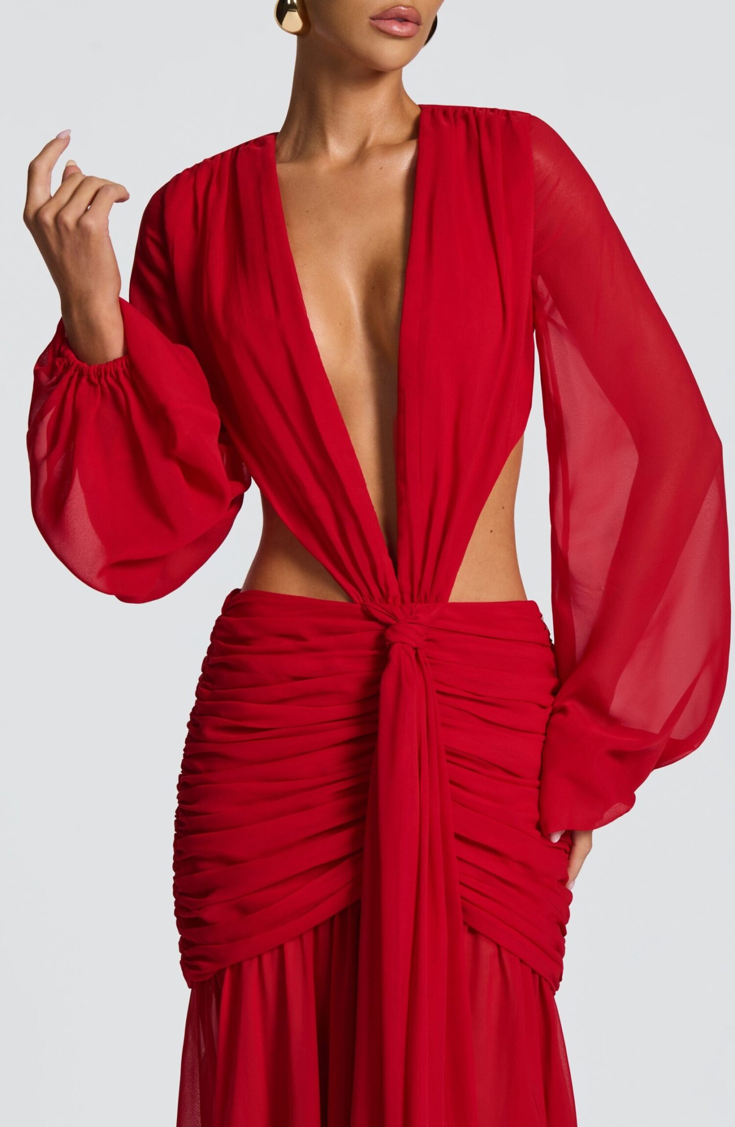 Andrina Red Maxi Dress: Flowing Chiffon, Plunge Neck, Sheer Sleeves - Image 5