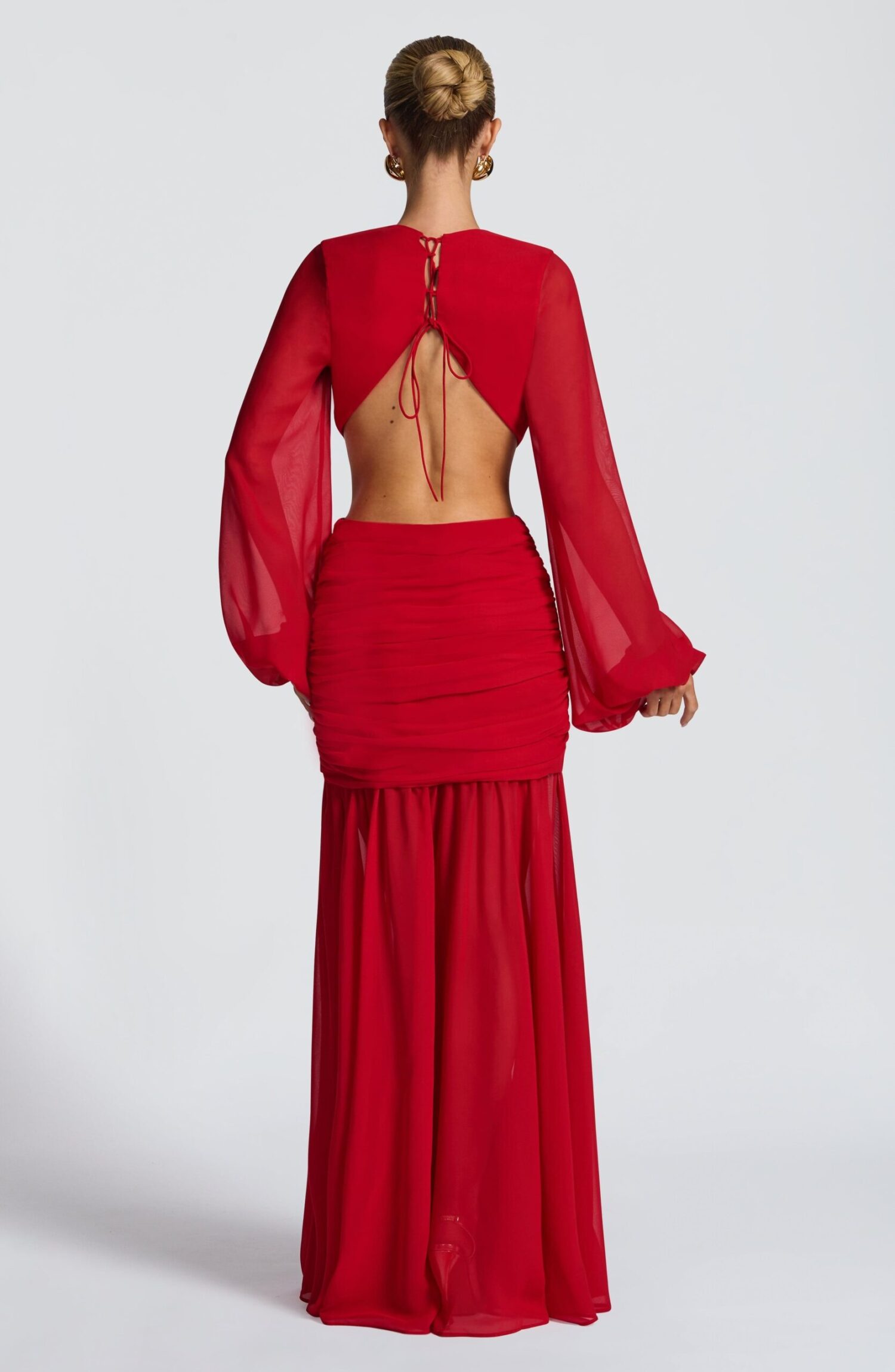 Andrina Red Maxi Dress: Flowing Chiffon, Plunge Neck, Sheer Sleeves - Image 3