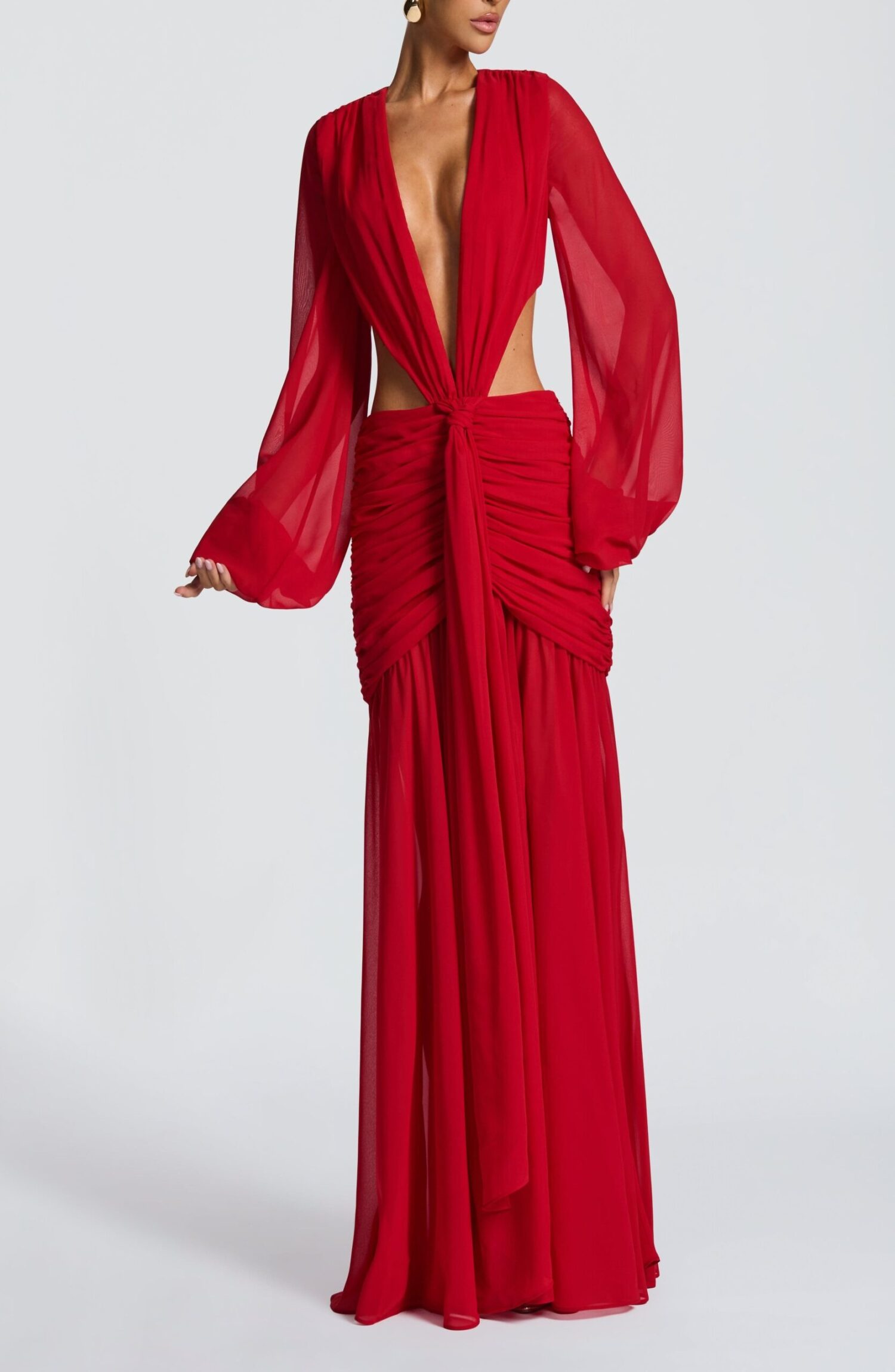 Andrina Red Maxi Dress: Flowing Chiffon, Plunge Neck, Sheer Sleeves - Image 2
