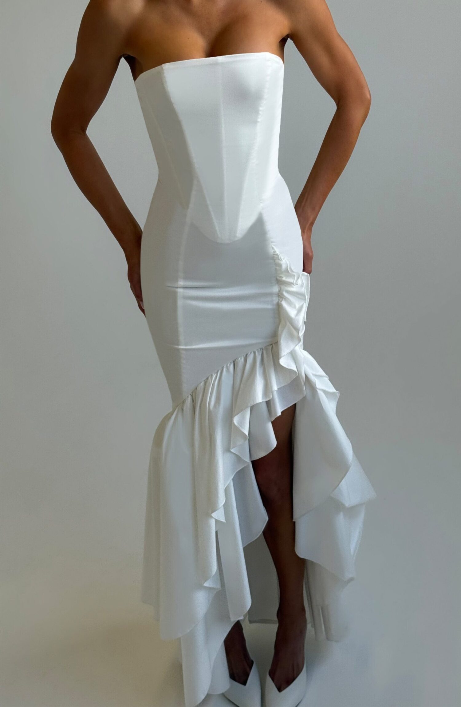 Angelina Ivory Strapless Maxi Dress with Corset & Frill Hem - Image 3