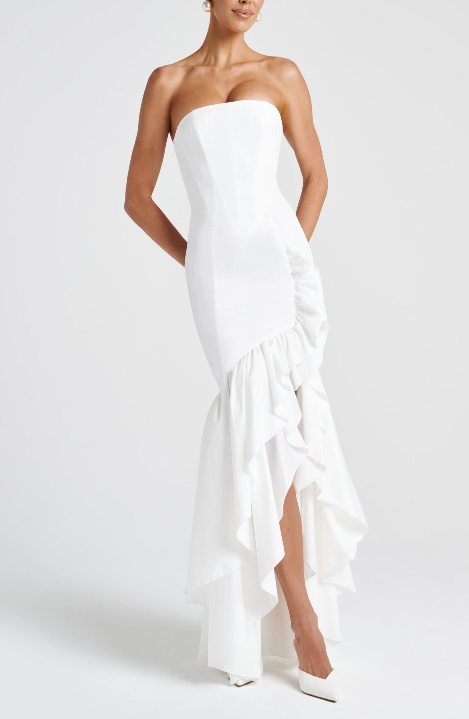 Angelina Ivory Strapless Maxi Dress with Corset & Frill Hem - Image 8