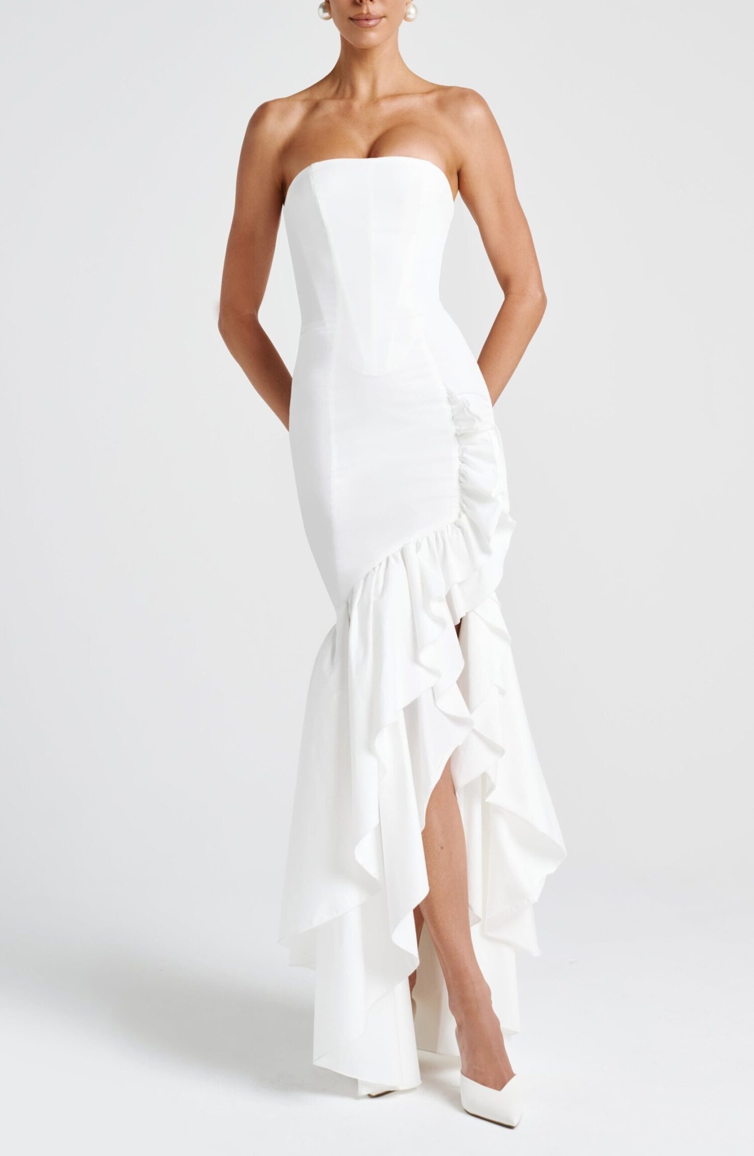 Angelina Ivory Strapless Maxi Dress with Corset & Frill Hem - Image 6