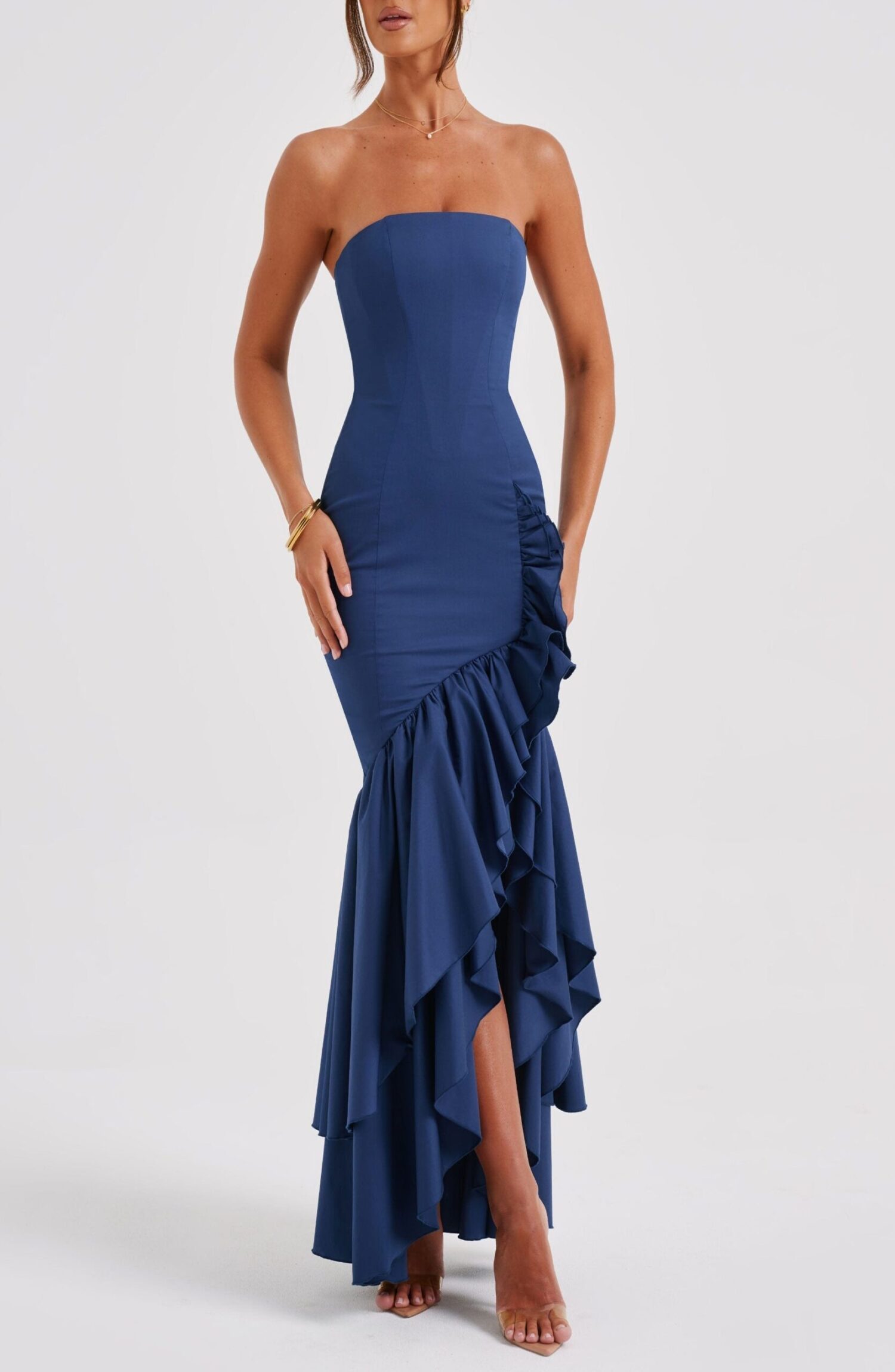 Angelina Navy Strapless Maxi Dress - Frilled High-Low Skirt - Image 3