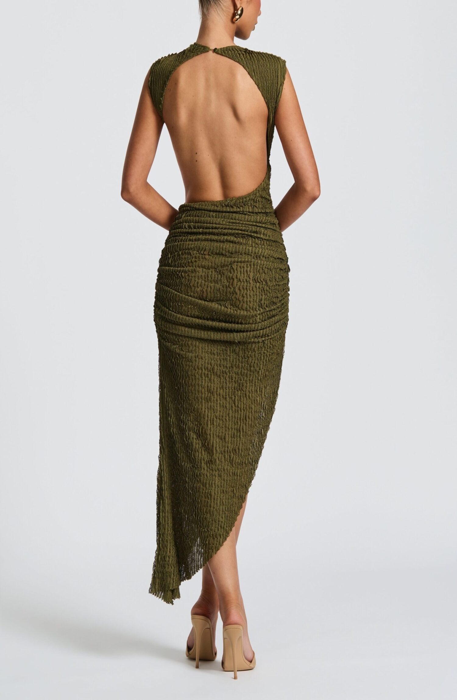 Aphrodite Midi Dress Khaki - Textured Ruched Open Back Cut-Out - Image 3
