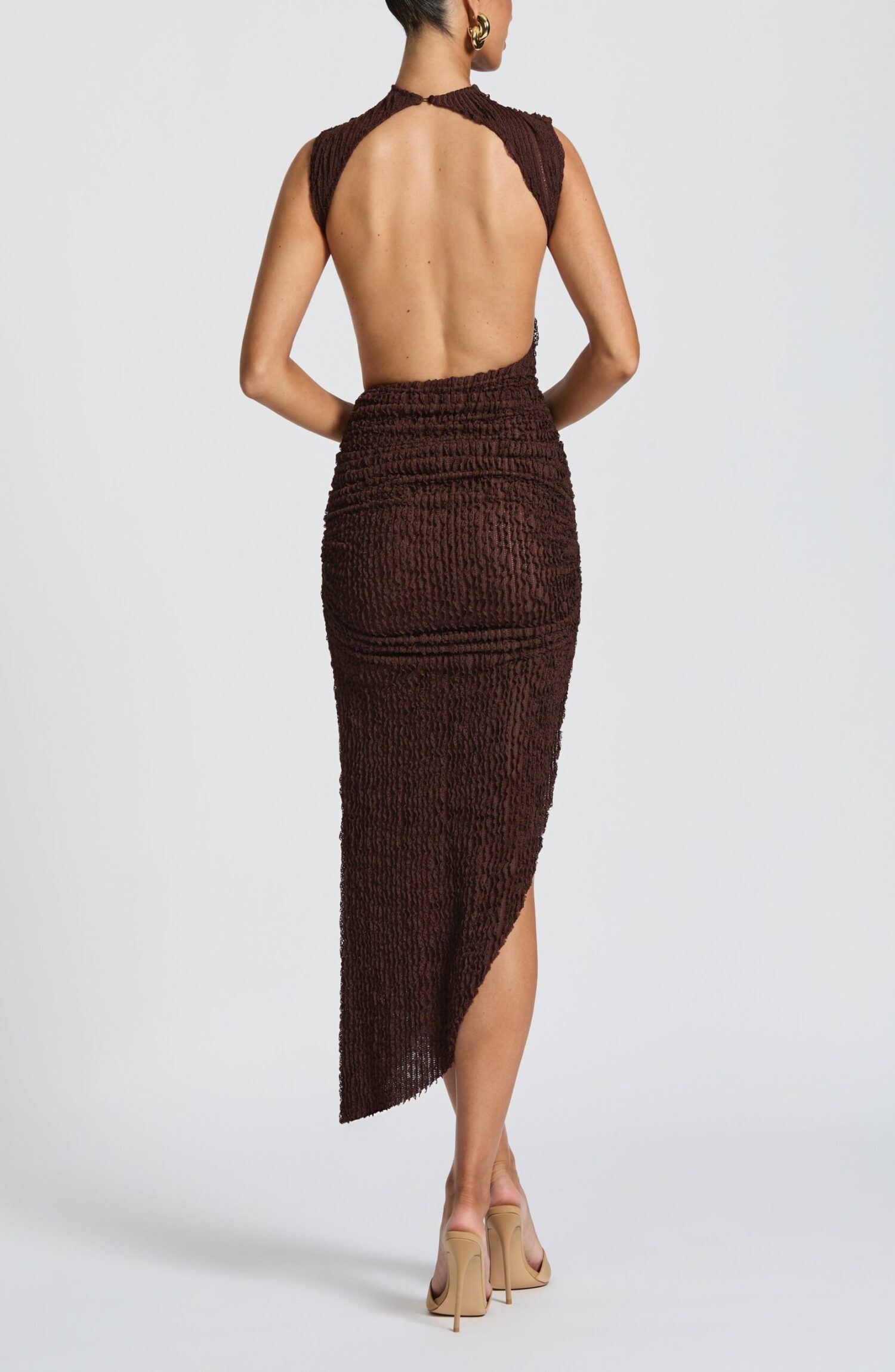 Aphrodite Midi Dress Plum Brown Textured Cut Sew High Neck Open Back - Image 4