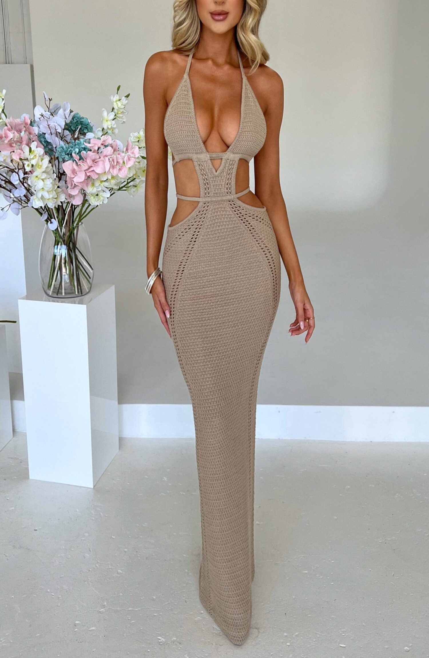 Arabella Beige Crochet Knit Plunge Backless Maxi Dress - Image 2