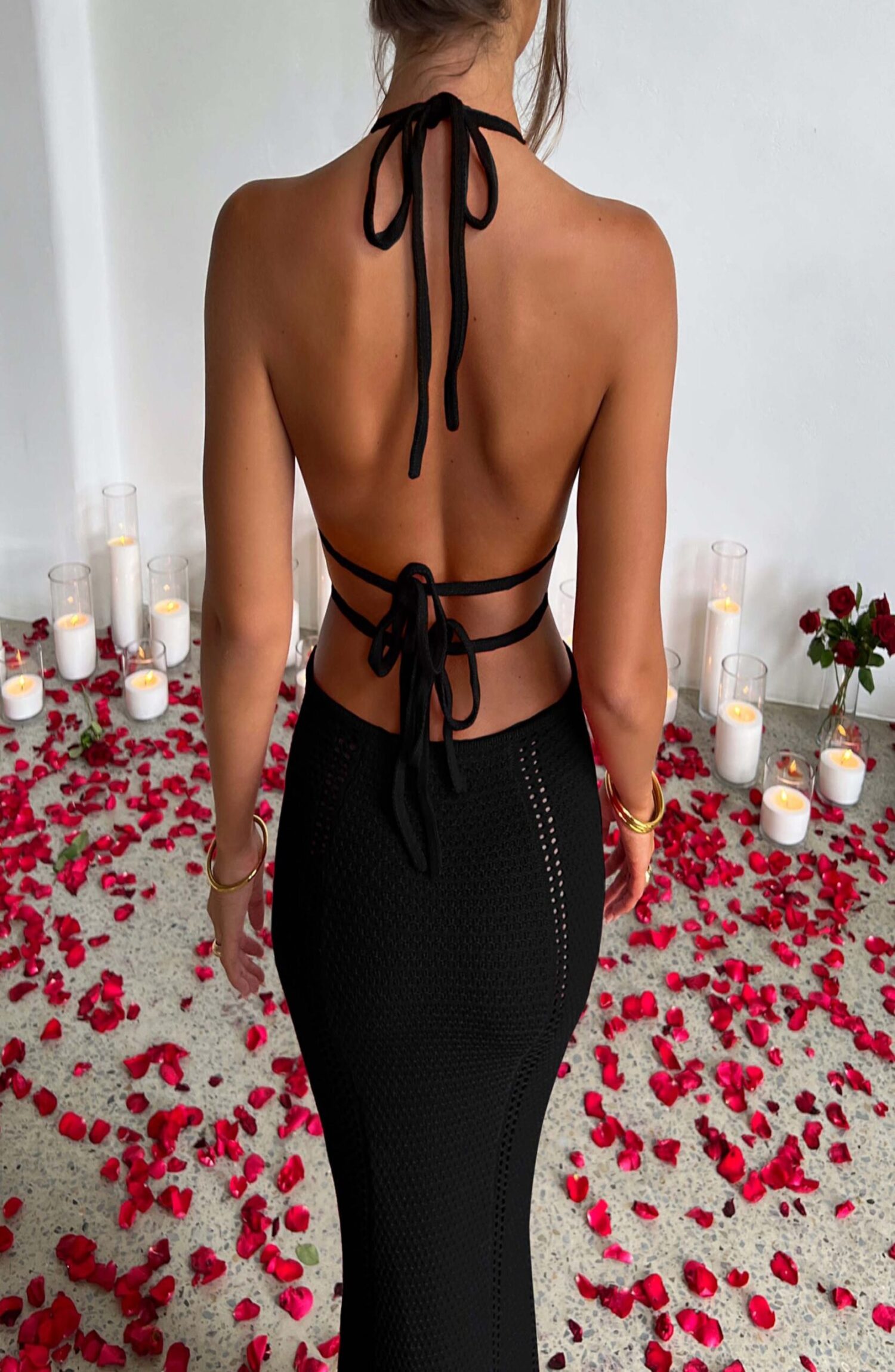 Arabella Black Crochet Knit Plunge Backless Maxi Dress - Image 8