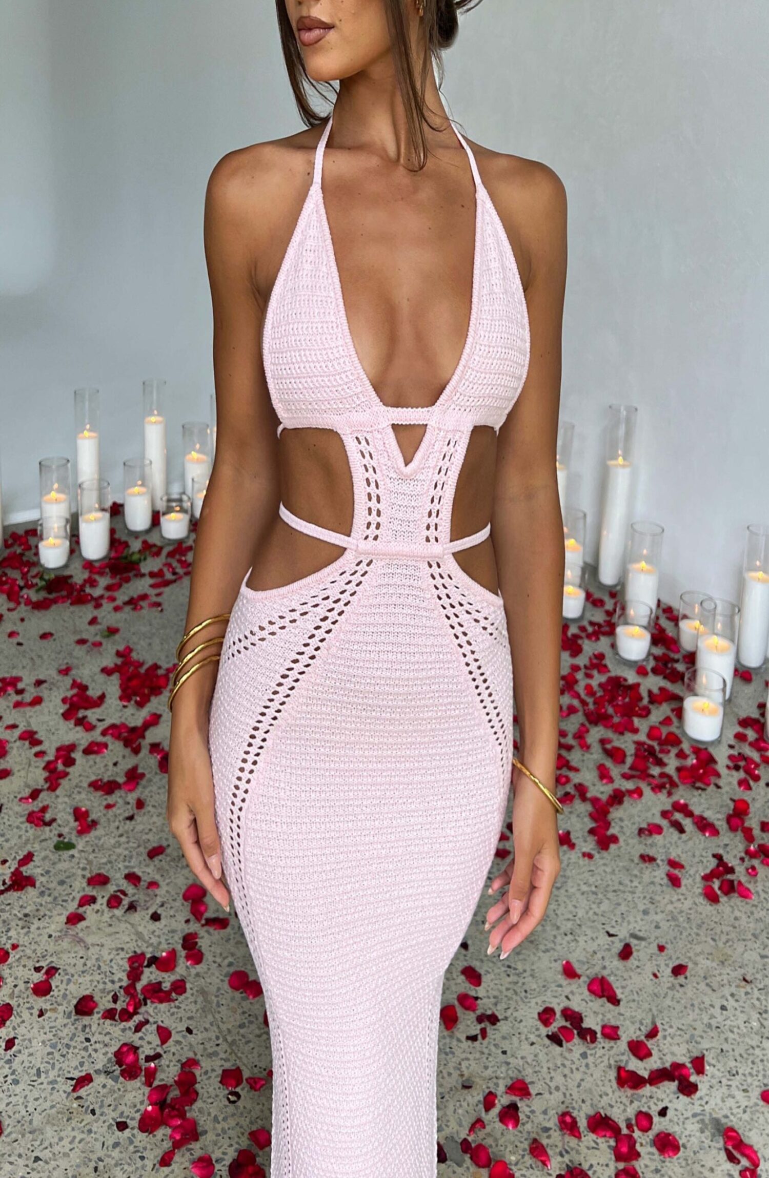 Arabella Crochet Knit Maxi Dress - Baby Pink - Plunge Halter Backless