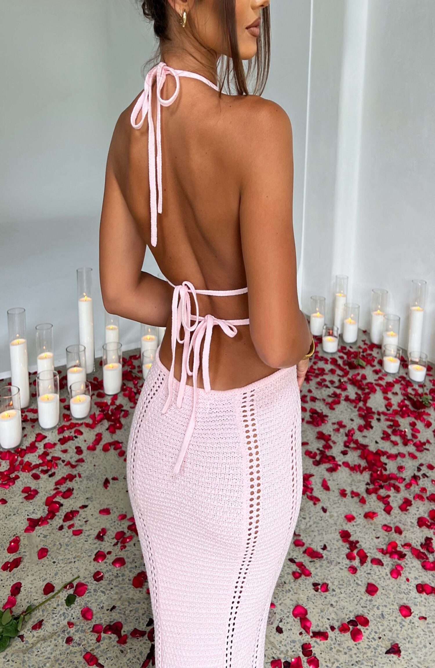 Arabella Crochet Knit Maxi Dress - Baby Pink - Plunge Halter Backless - Image 4