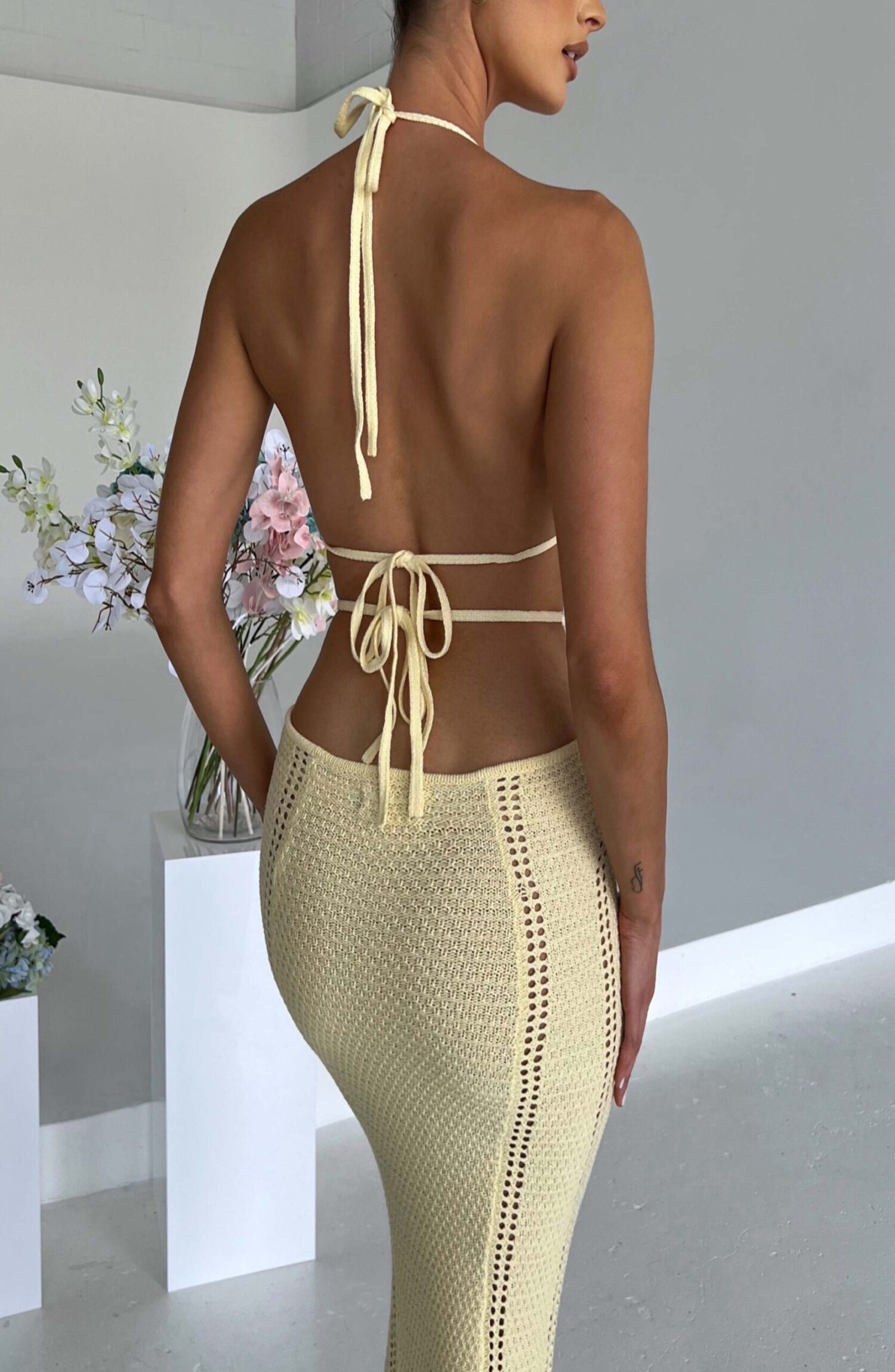 Arabella Lemon Crochet Knit Plunge Halter Backless Maxi Dress - Image 4