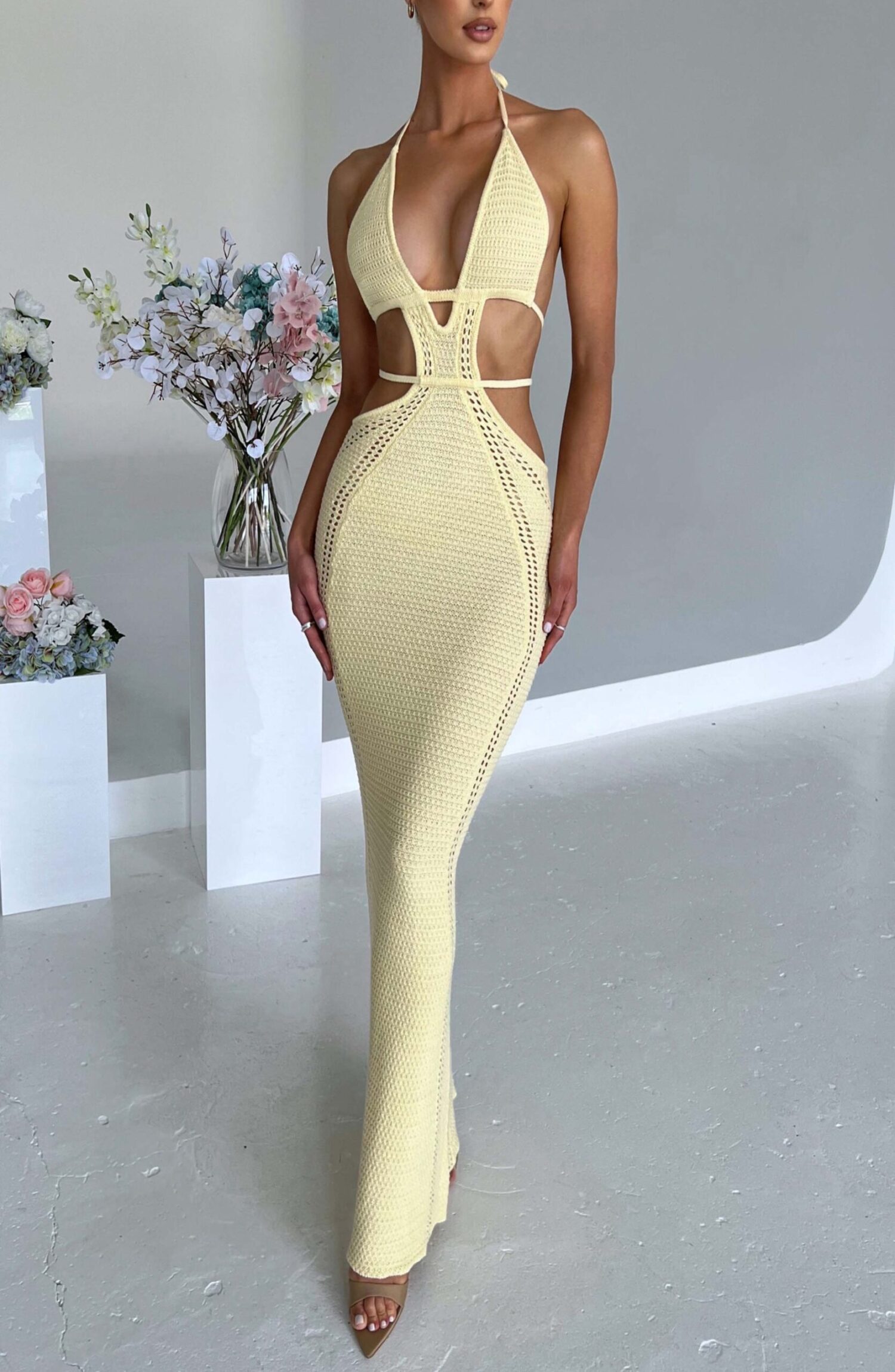 Arabella Lemon Crochet Knit Plunge Halter Backless Maxi Dress - Image 9