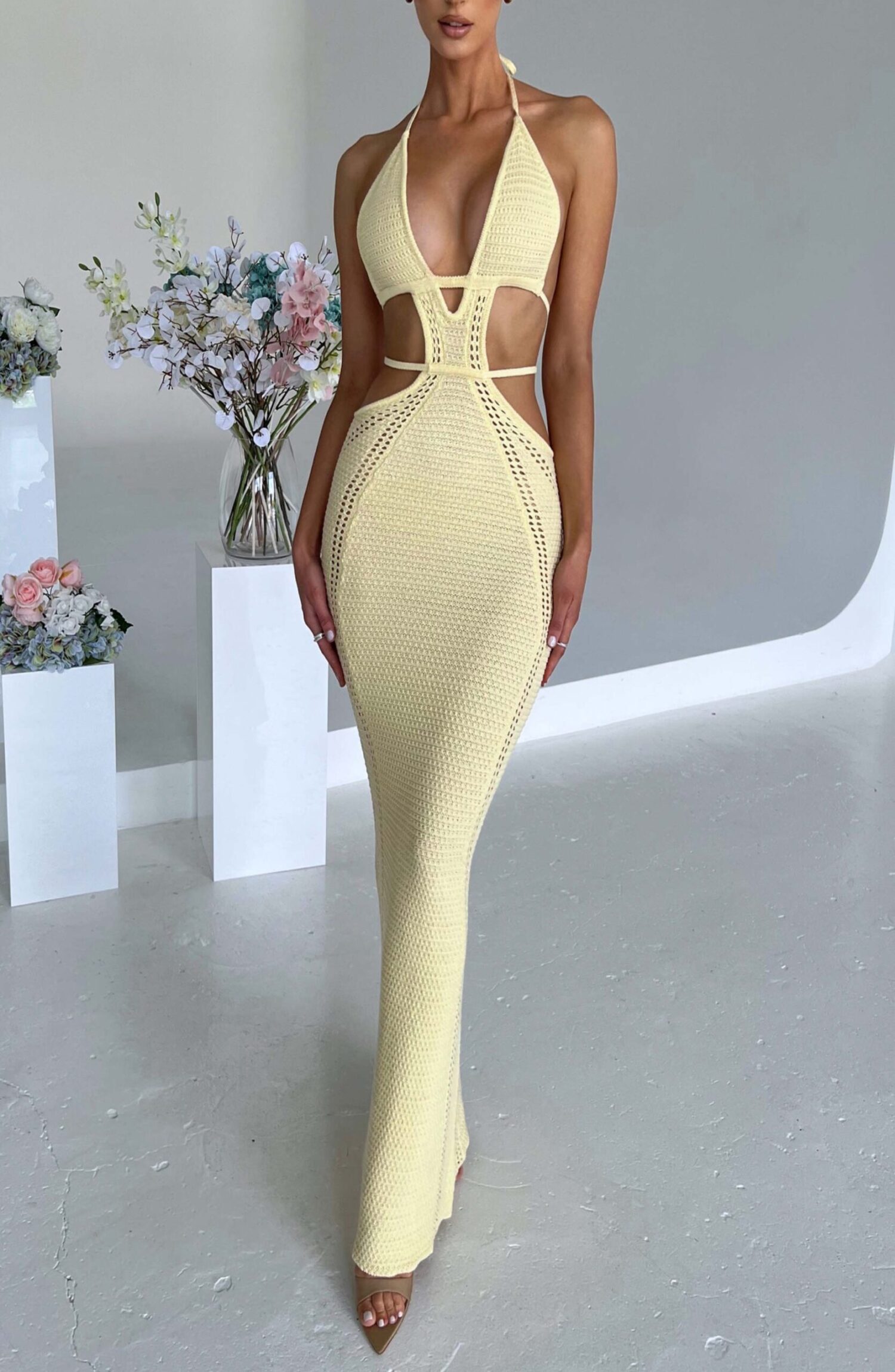 Arabella Lemon Crochet Knit Plunge Halter Backless Maxi Dress - Image 3