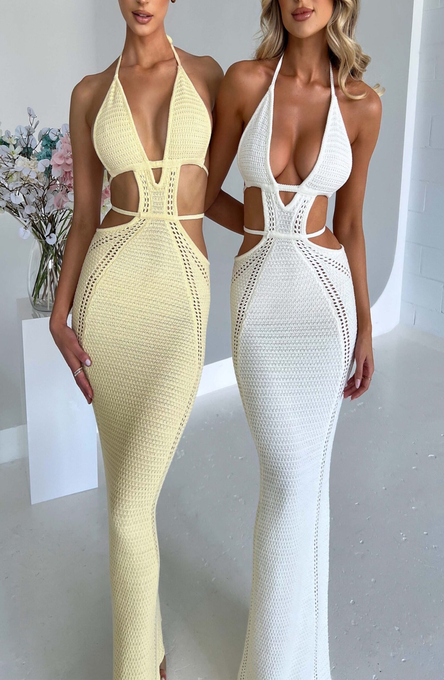 Arabella Lemon Crochet Knit Plunge Halter Backless Maxi Dress - Image 8