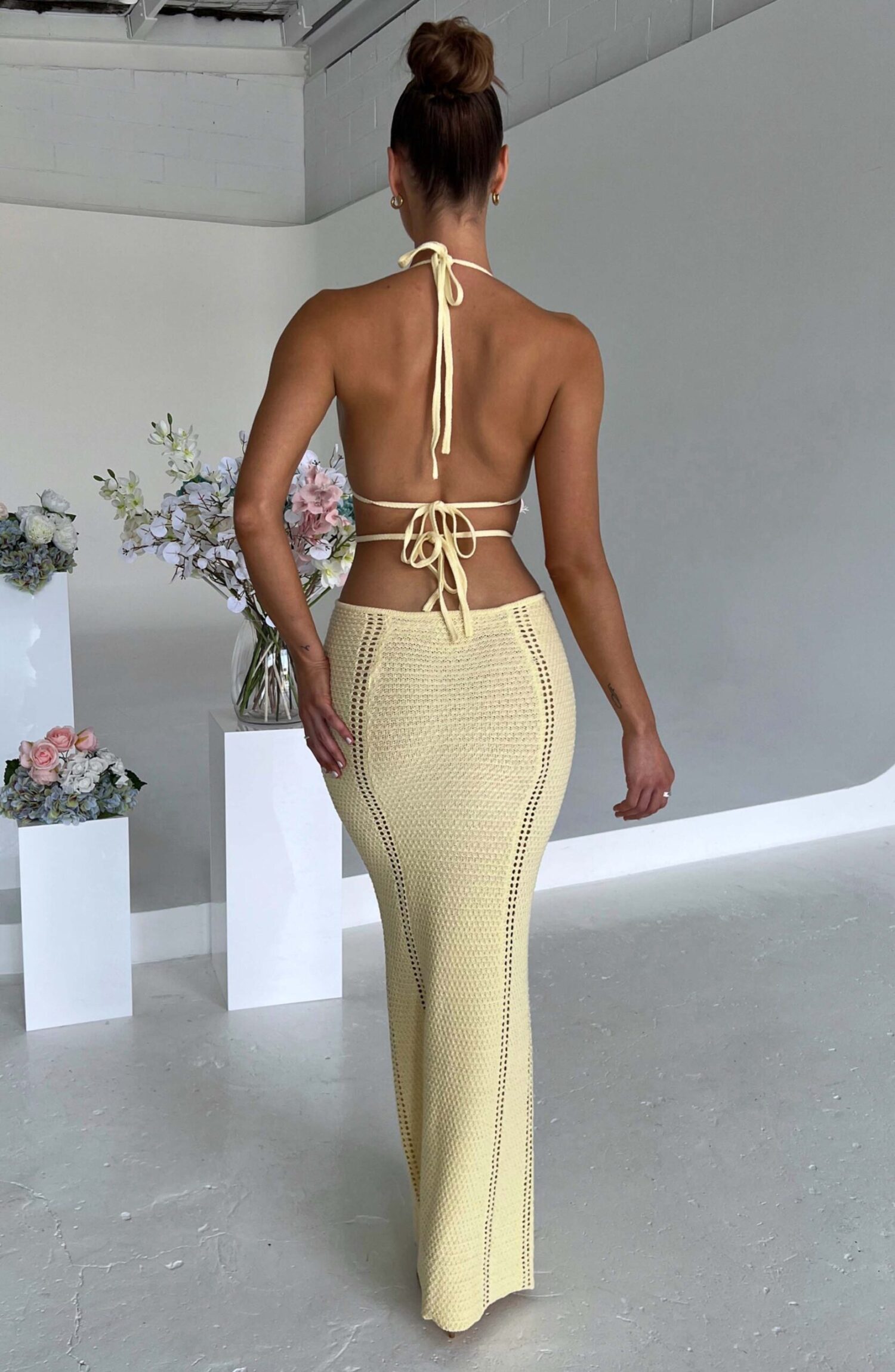 Arabella Lemon Crochet Knit Plunge Halter Backless Maxi Dress - Image 2