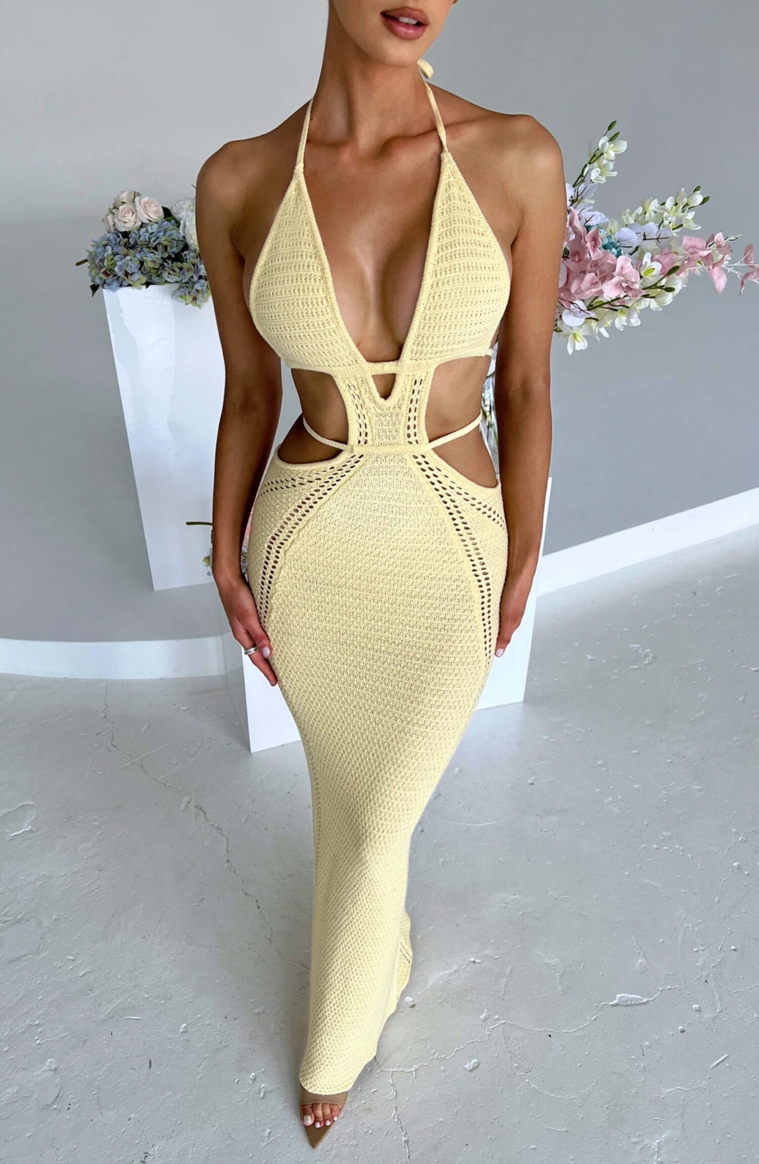 Arabella Lemon Crochet Knit Plunge Halter Backless Maxi Dress