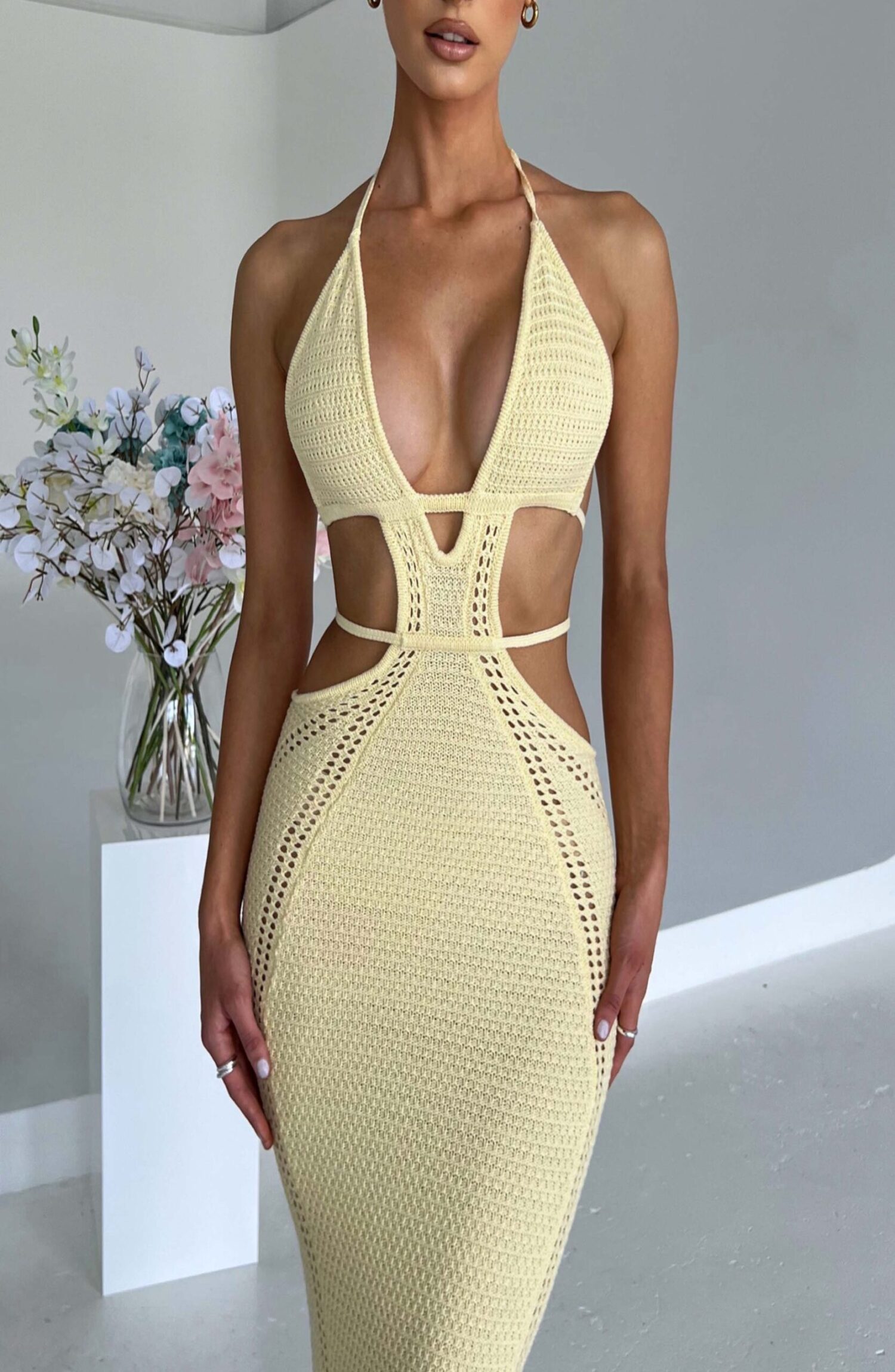 Arabella Lemon Crochet Knit Plunge Halter Backless Maxi Dress - Image 5