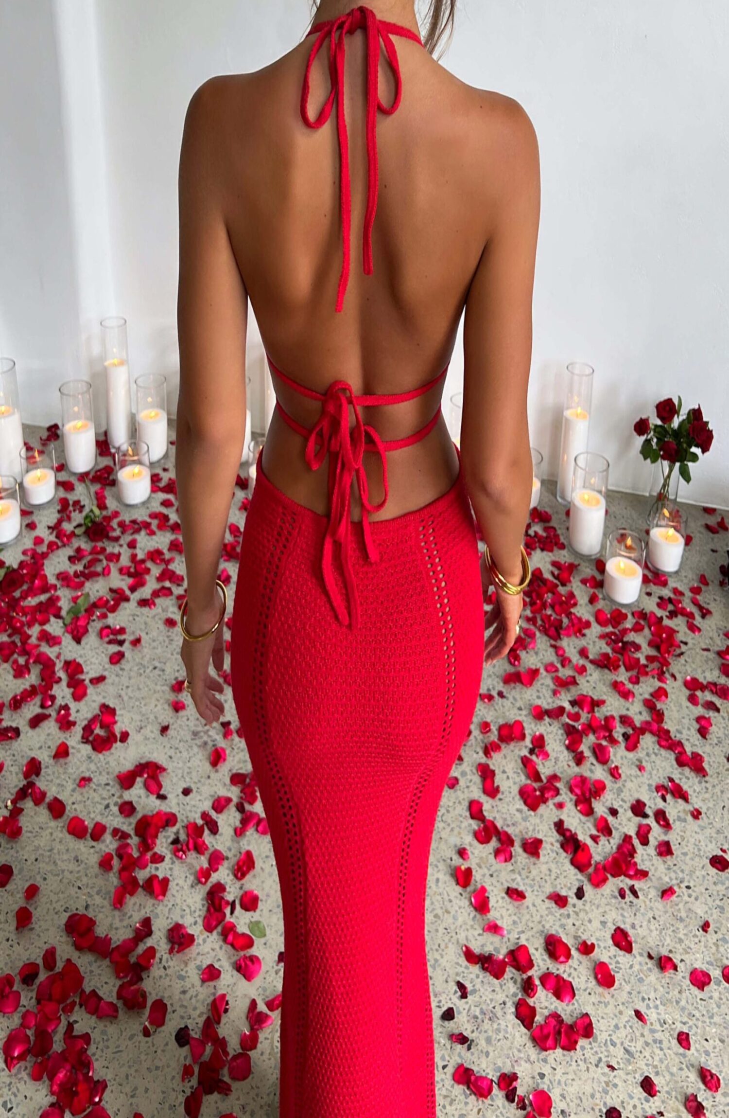 Arabella Red Crochet Knit Plunge Backless Maxi Dress - Image 2