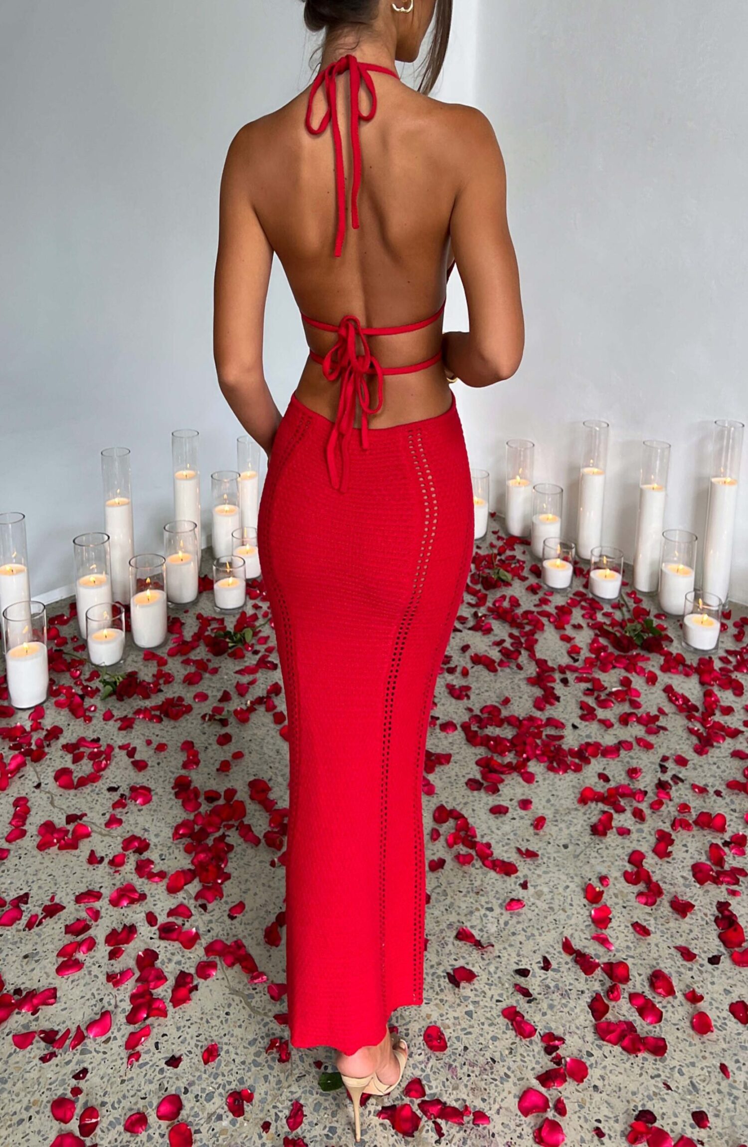 Arabella Red Crochet Knit Plunge Backless Maxi Dress - Image 4