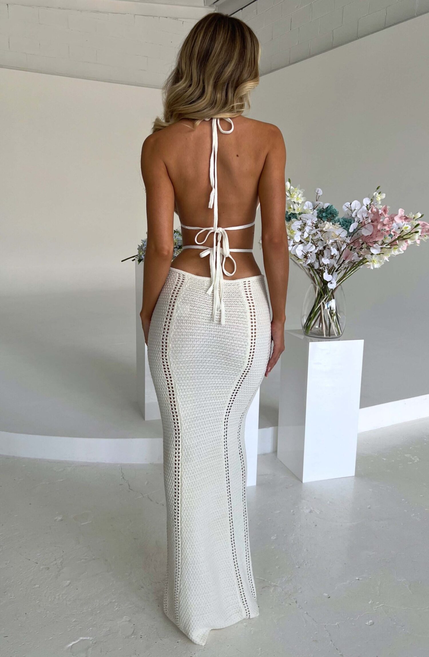 Arabella White Crochet Knit Plunge Backless Maxi Dress - Image 2