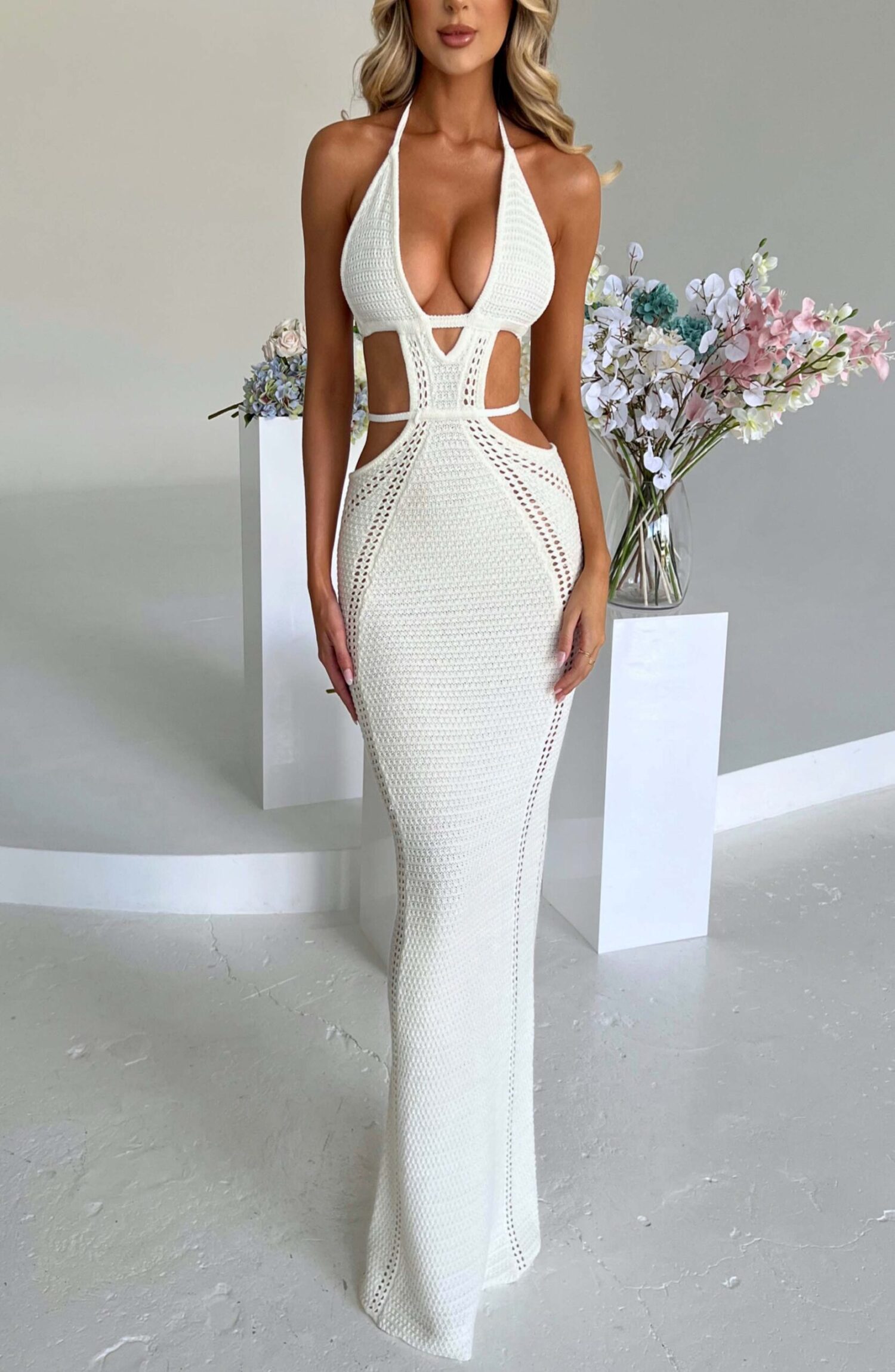 Arabella White Crochet Knit Plunge Backless Maxi Dress