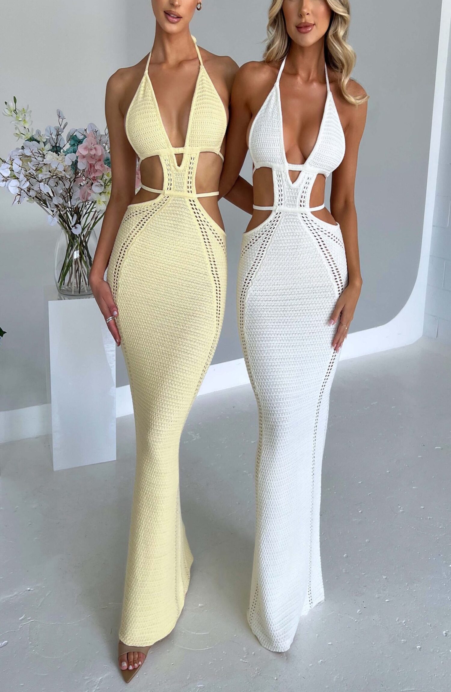 Arabella White Crochet Knit Plunge Backless Maxi Dress - Image 6