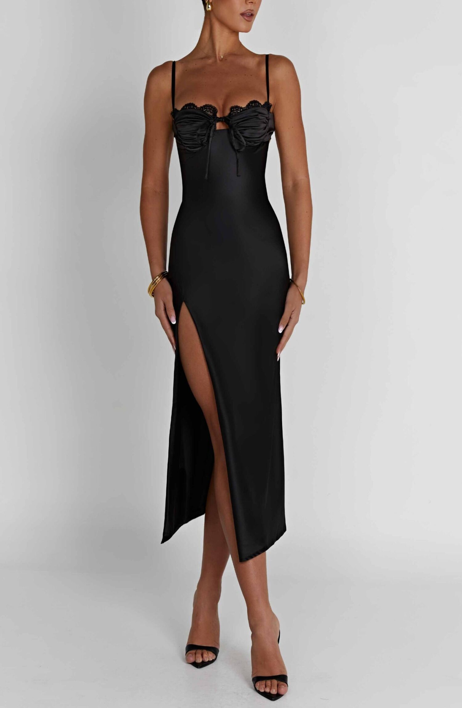 Ardelle Black Satin Midi Dress with Lace Bust Detail - Image 9