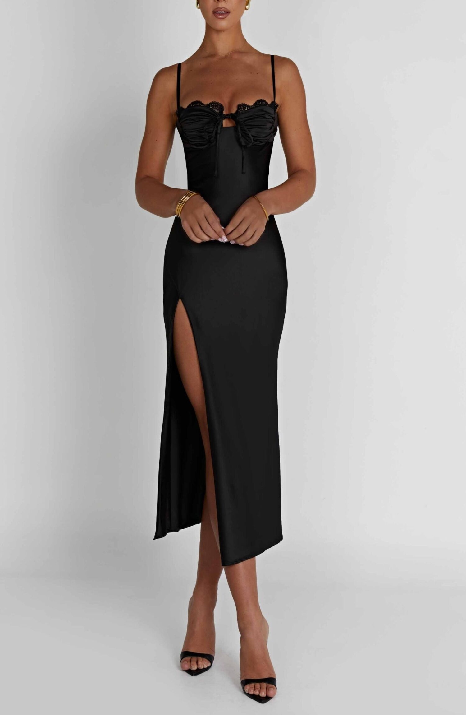 Ardelle Black Satin Midi Dress with Lace Bust Detail - Image 10