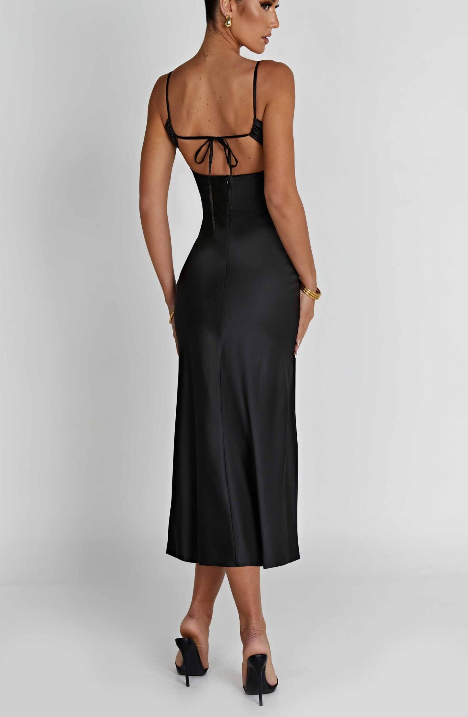 Ardelle Black Satin Midi Dress with Lace Bust Detail - Image 6