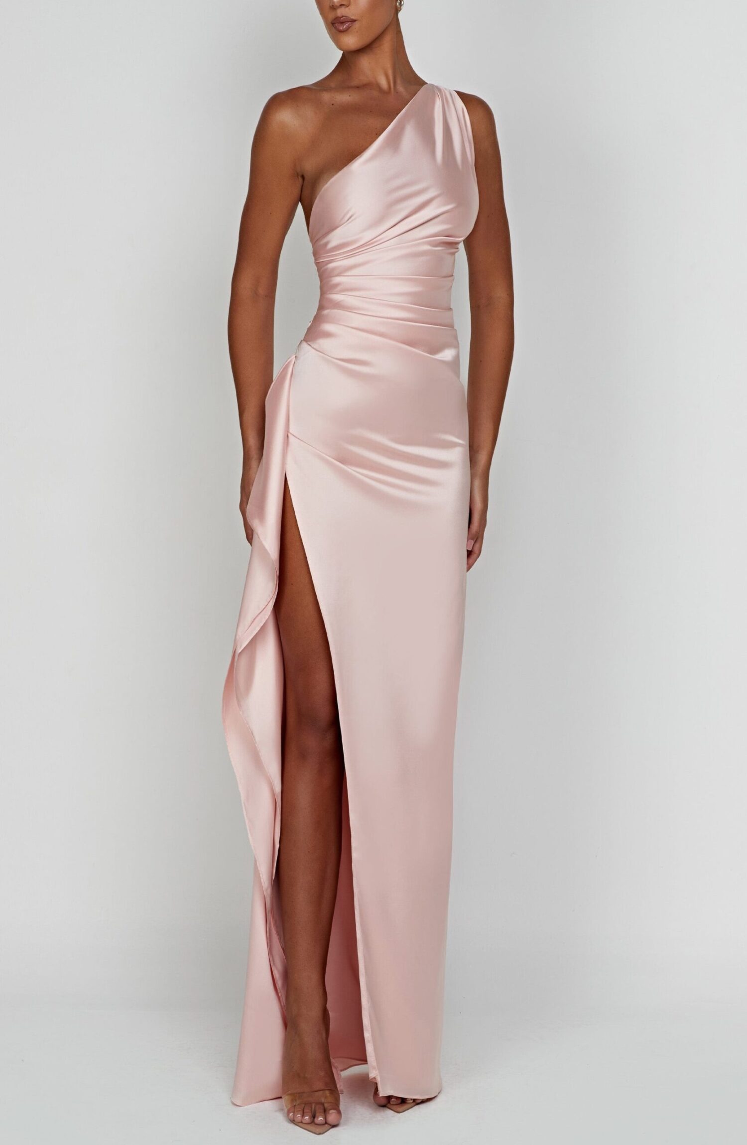 Ariel Blush One Shoulder Maxi Dress - Luxury Stretch Satin, Thigh Split - Image 6